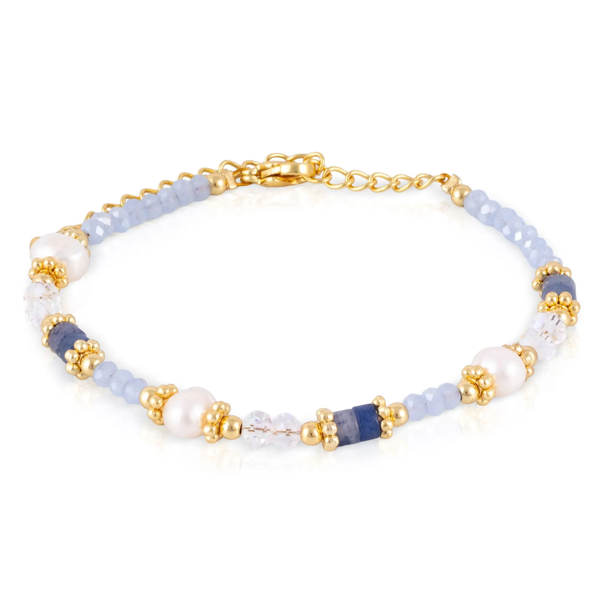 Bracelet en lapis-lazuli, cristaux bleus et blancs, perles naturelles et fermoir mousqueton. Couleur : Multicolore