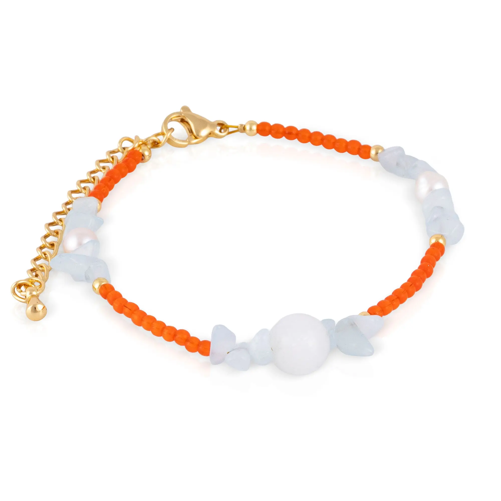 Bracelet œil-de-chat orange, lapis-lazuli clair, marbre blanc et perles naturelles avec fermoir mousqueton. Couleur : Multicolore