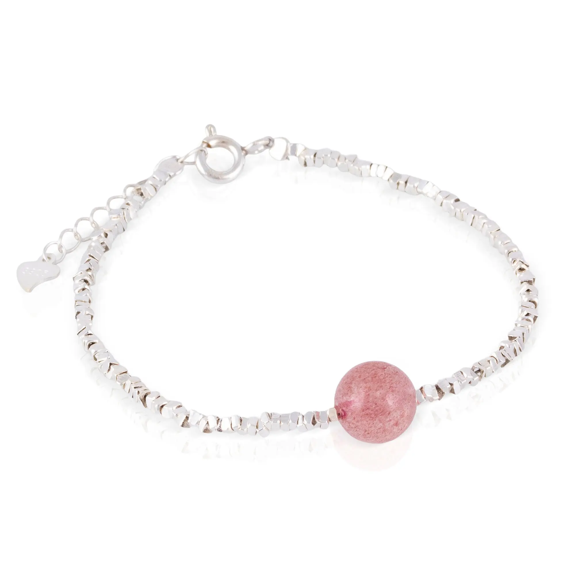 Bracelet en argent 925 avec perle de quartz fraise naturelle et fermoir à ressort.Couleur : Argent