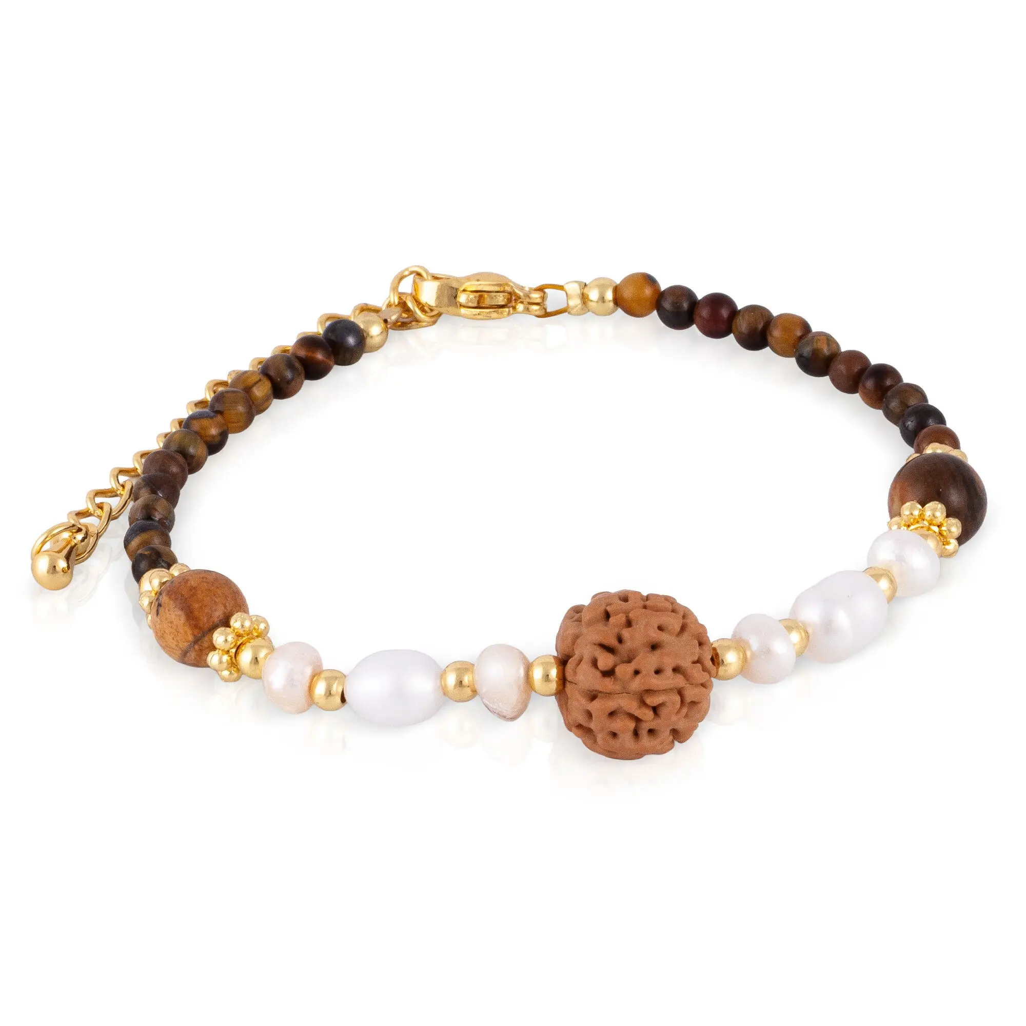 Bracelet œil-de-tigre orné de perles naturelles et de perles de rocaille de Bouddha, avec un fermoir mousqueton. Couleur : Multicolore