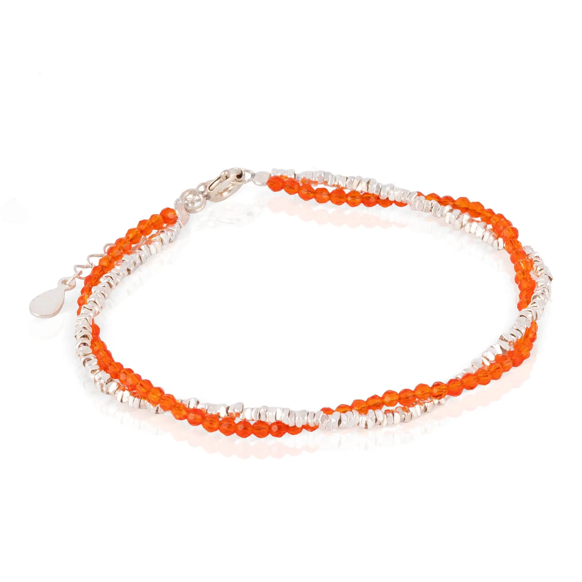 Bracelet double en argent sterling 925 et perles de cristal orange naturel avec fermoir à ressort. Couleur : Multicolore