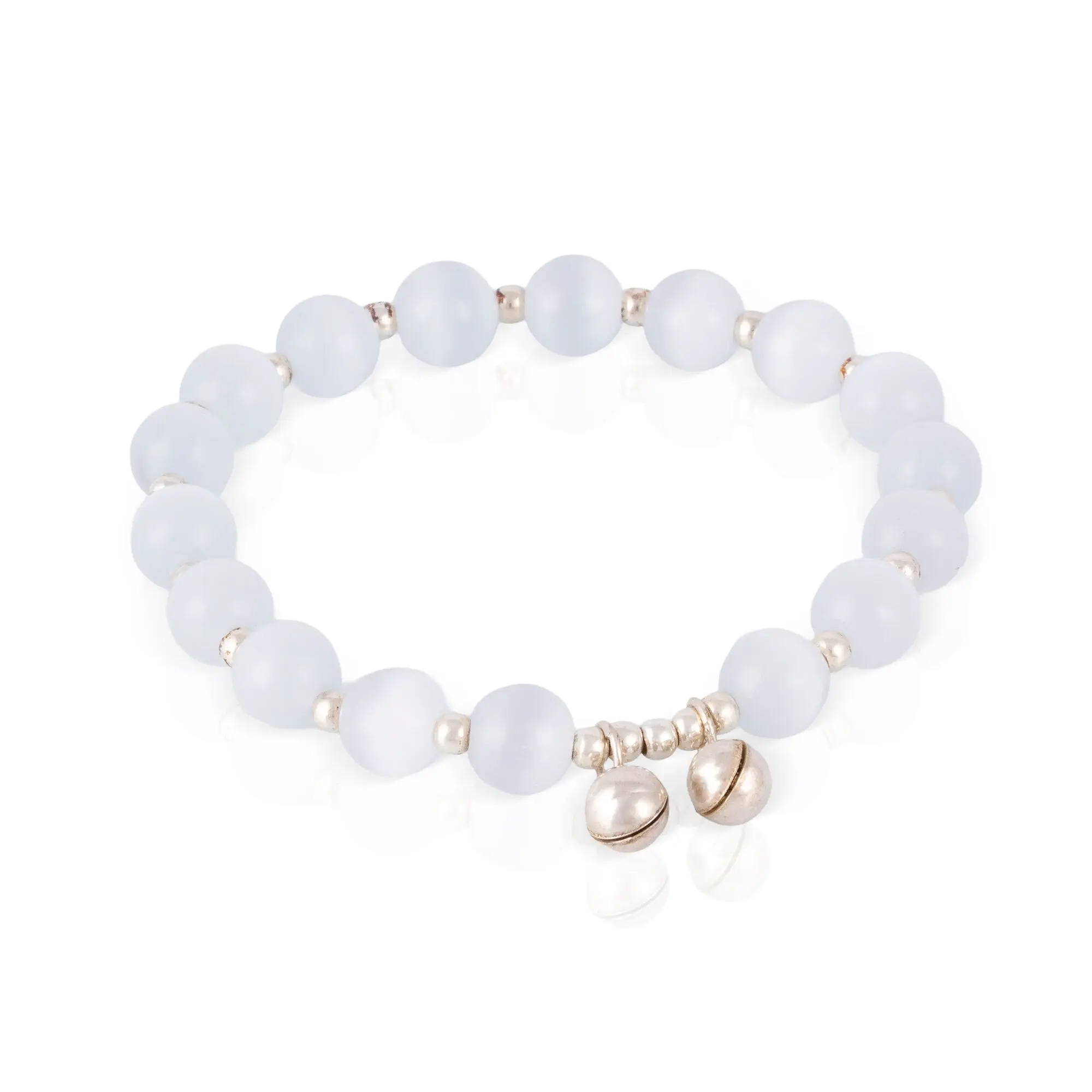 Bracelet élastique en argent sterling 925 orné de clochettes et de pierres naturelles style œil-de-chat.Couleur : Blanc