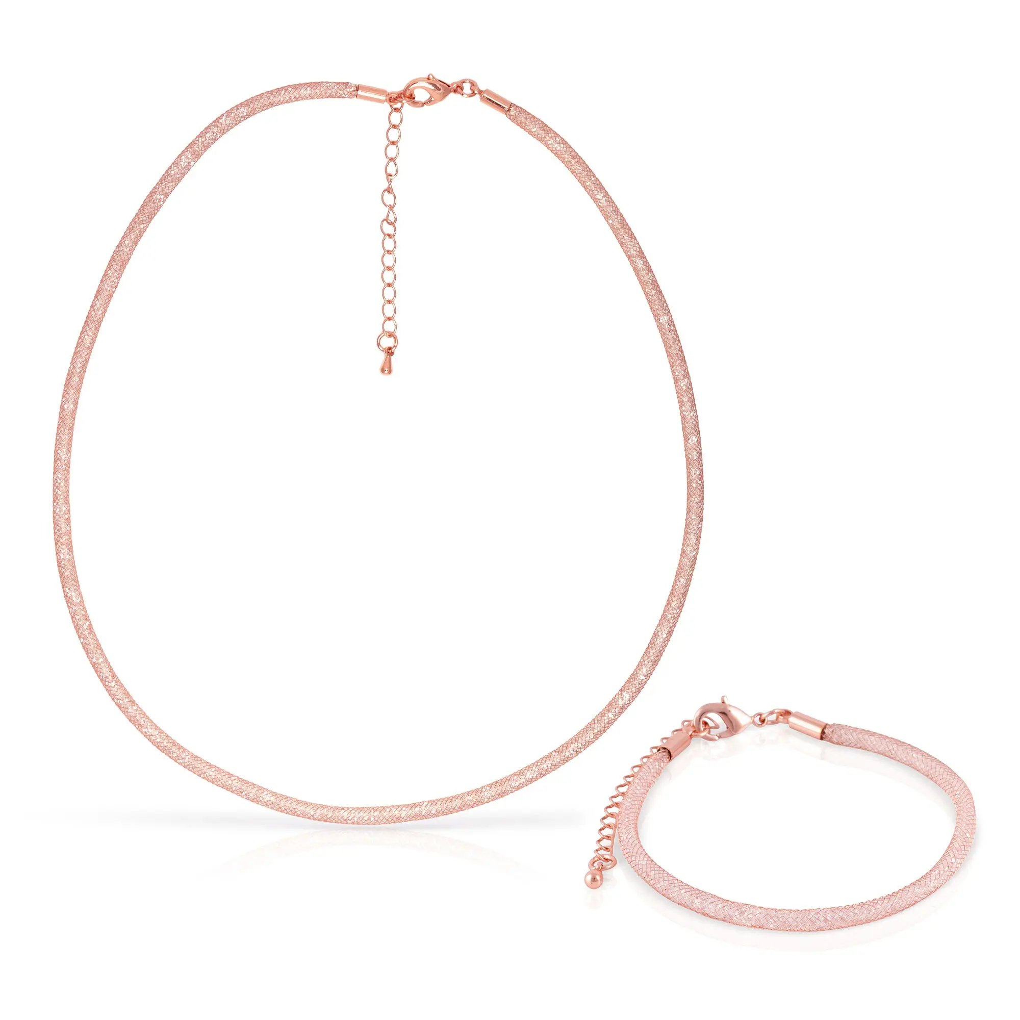 Ensemble collier et bracelet en maille de cuivre rose avec remplissage de cristaux scintillants et fermoir mousqueton en cuivre à la finition rose.Couleur : rose