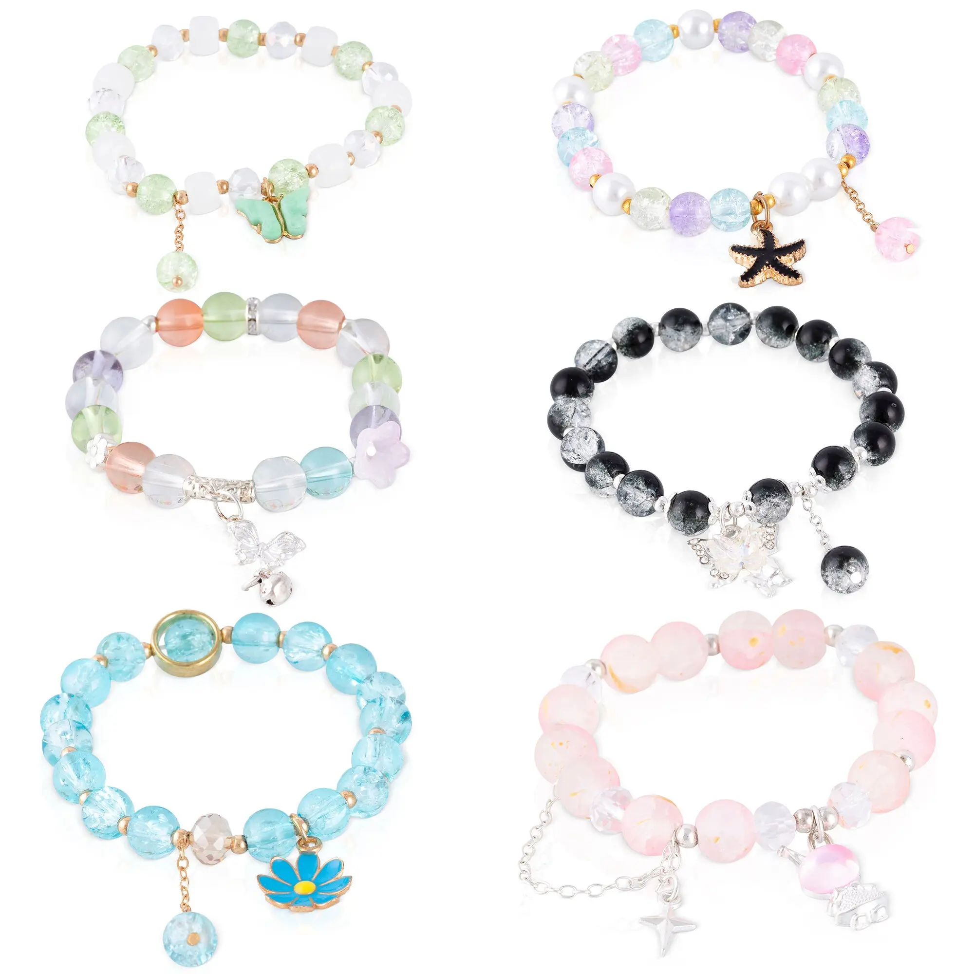 Ensemble de 6 bracelets élastiques avec perles de cristal et motifs multicolores : rose, noir, bleu, multicolore et vert. Couleur : Multicolore