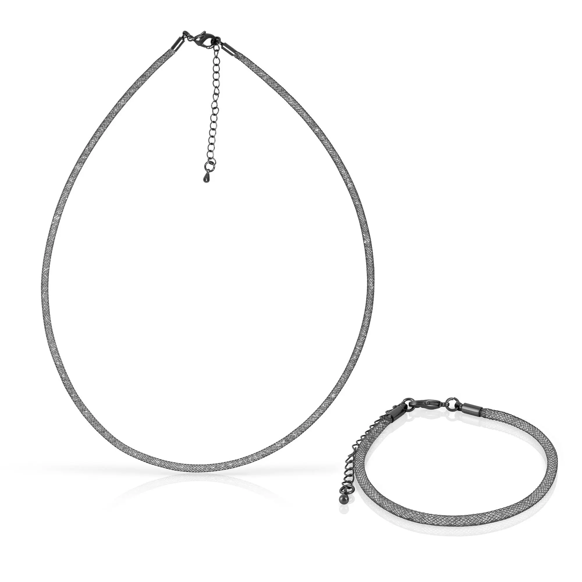 Ensemble collier et bracelet en maille de cuivre noir avec remplissage de cristaux étincelants et fermoir mousqueton en cuivre noir. Couleur : Noir