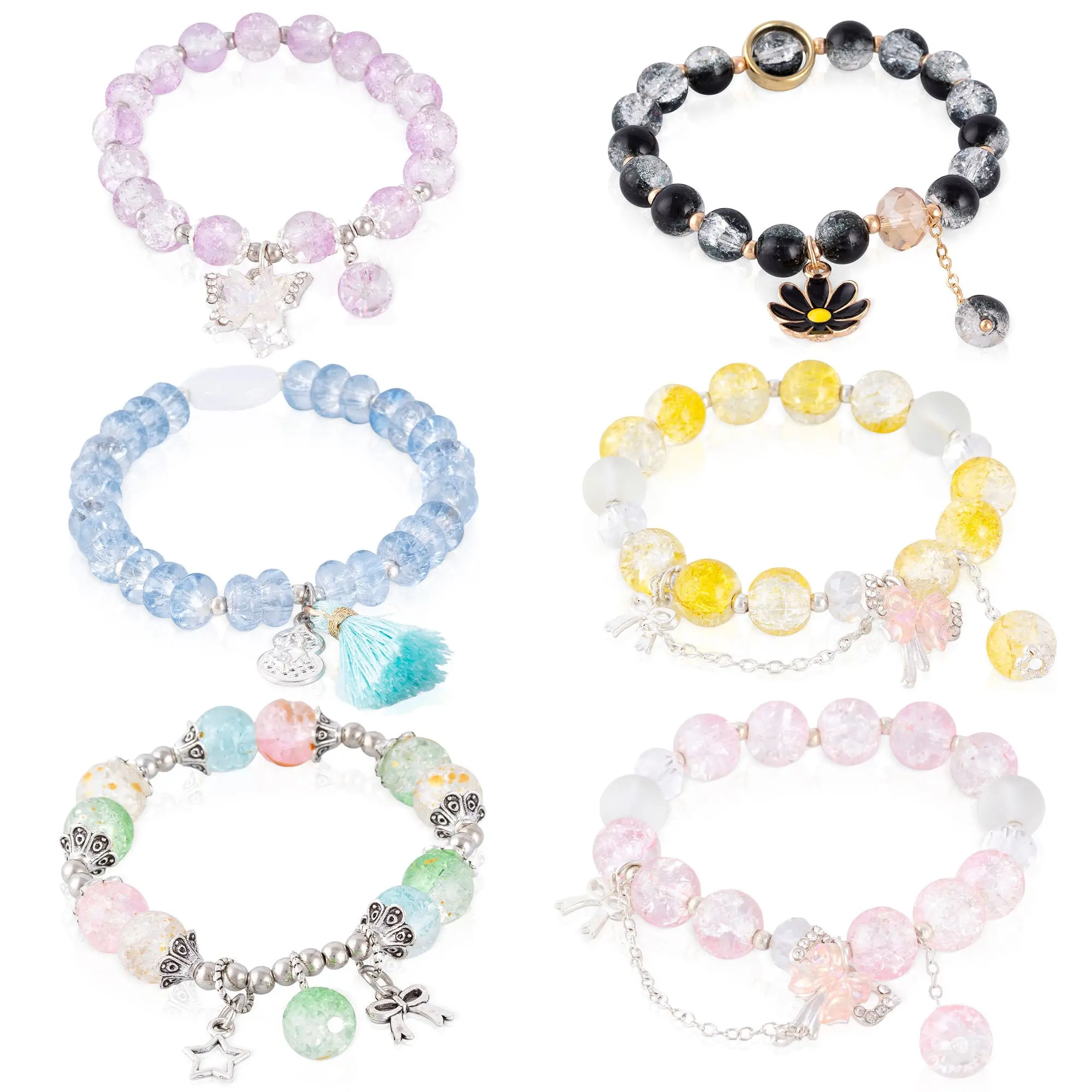 Ensemble de 6 bracelets élastiques avec perles de cristal et motifs jaunes, roses, noirs, bleus, violets et multicolores. Couleur : Multicolore
