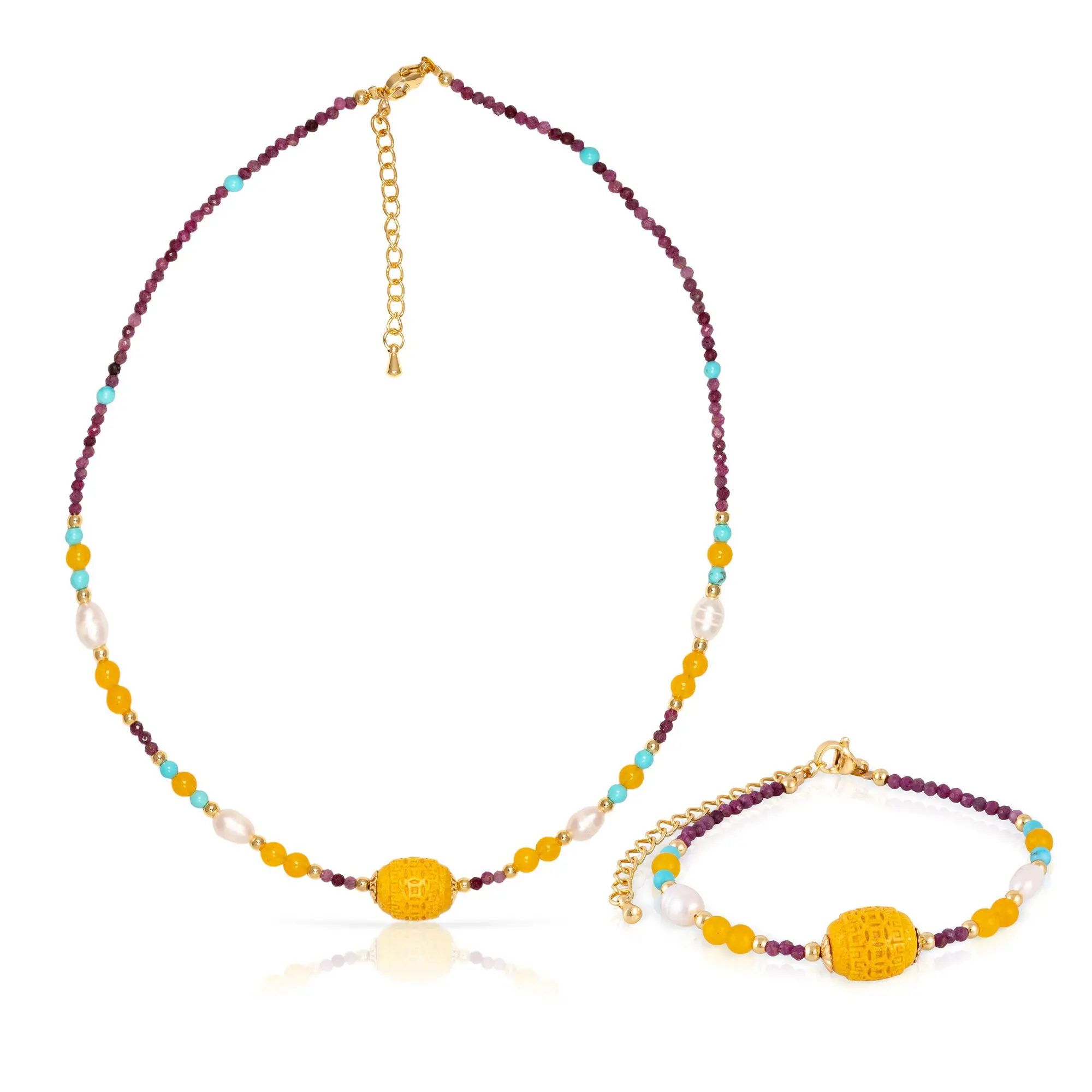Ensemble bracelet et collier assortis, composés de chrysobéryl, tourmaline, citrine, turquoise et perles naturelles, avec un fermoir mousqueton. Couleur : Multicolore