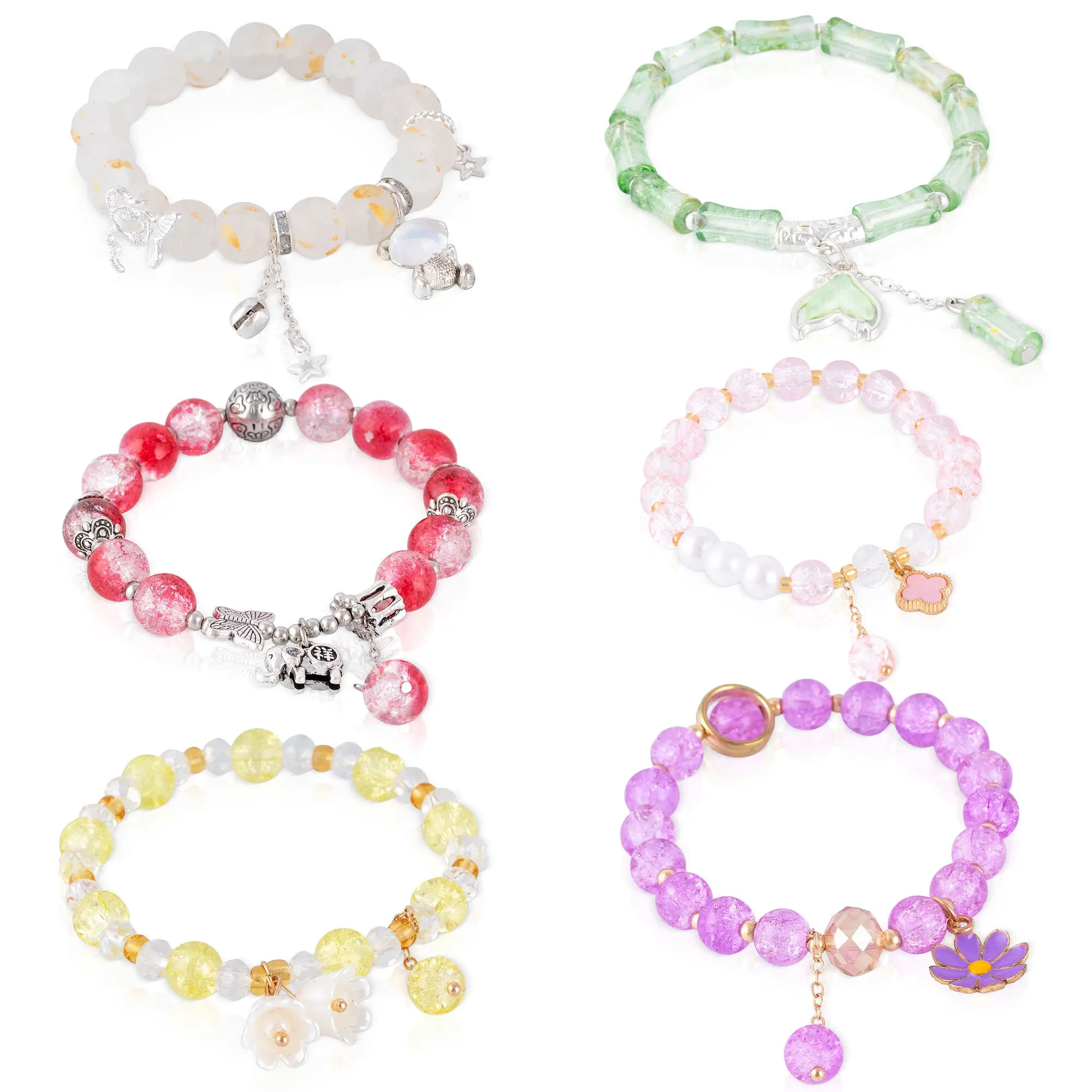 Ensemble de 6 bracelets élastiques avec perles de cristal et motifs jaunes, blancs, bordeaux, violets, verts et roses. Couleur : Multicolore