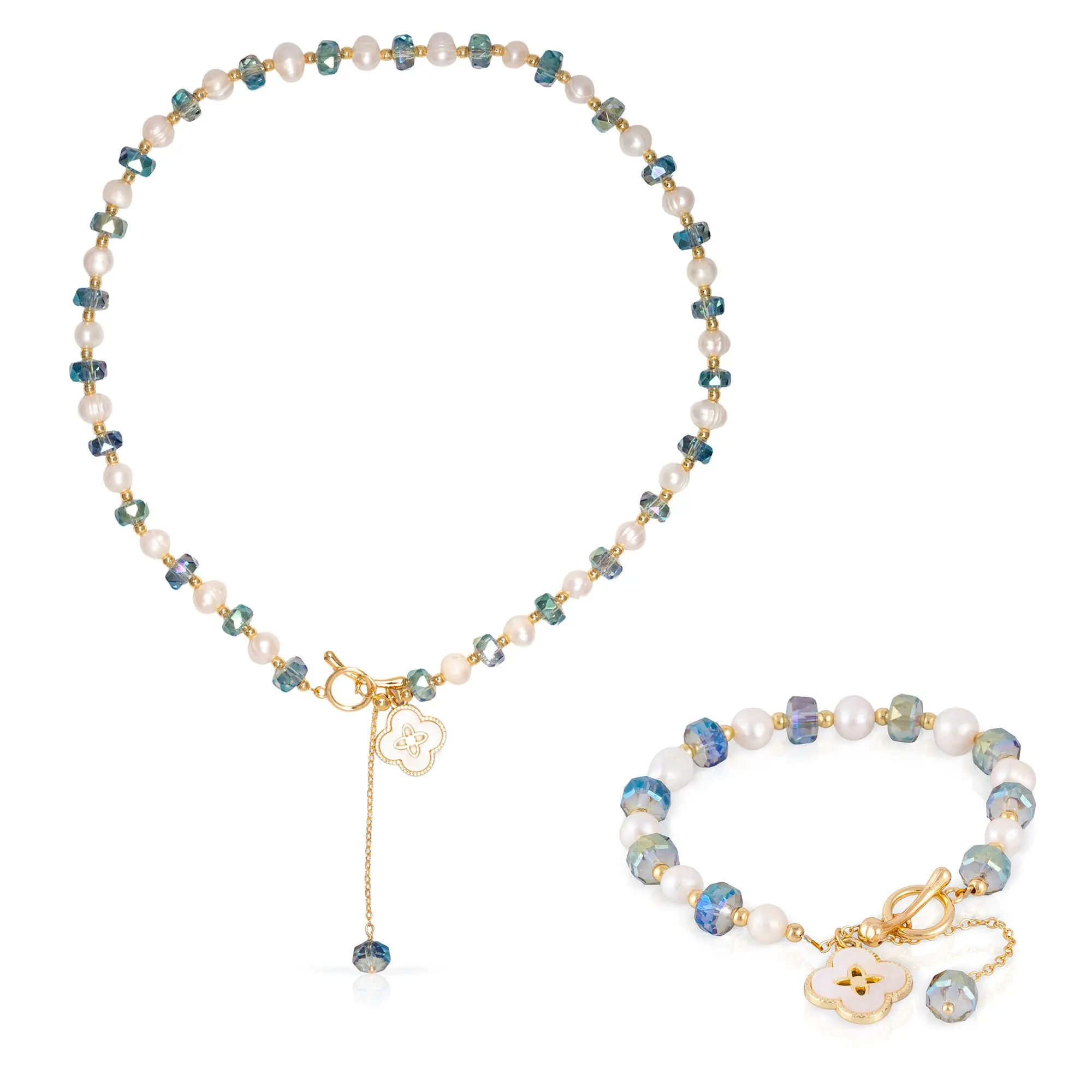 Ensemble bracelet et collier assortis avec pendentif trèfle à quatre feuilles, perles de cristal bleu et perles naturelles. Couleur : Multicolore