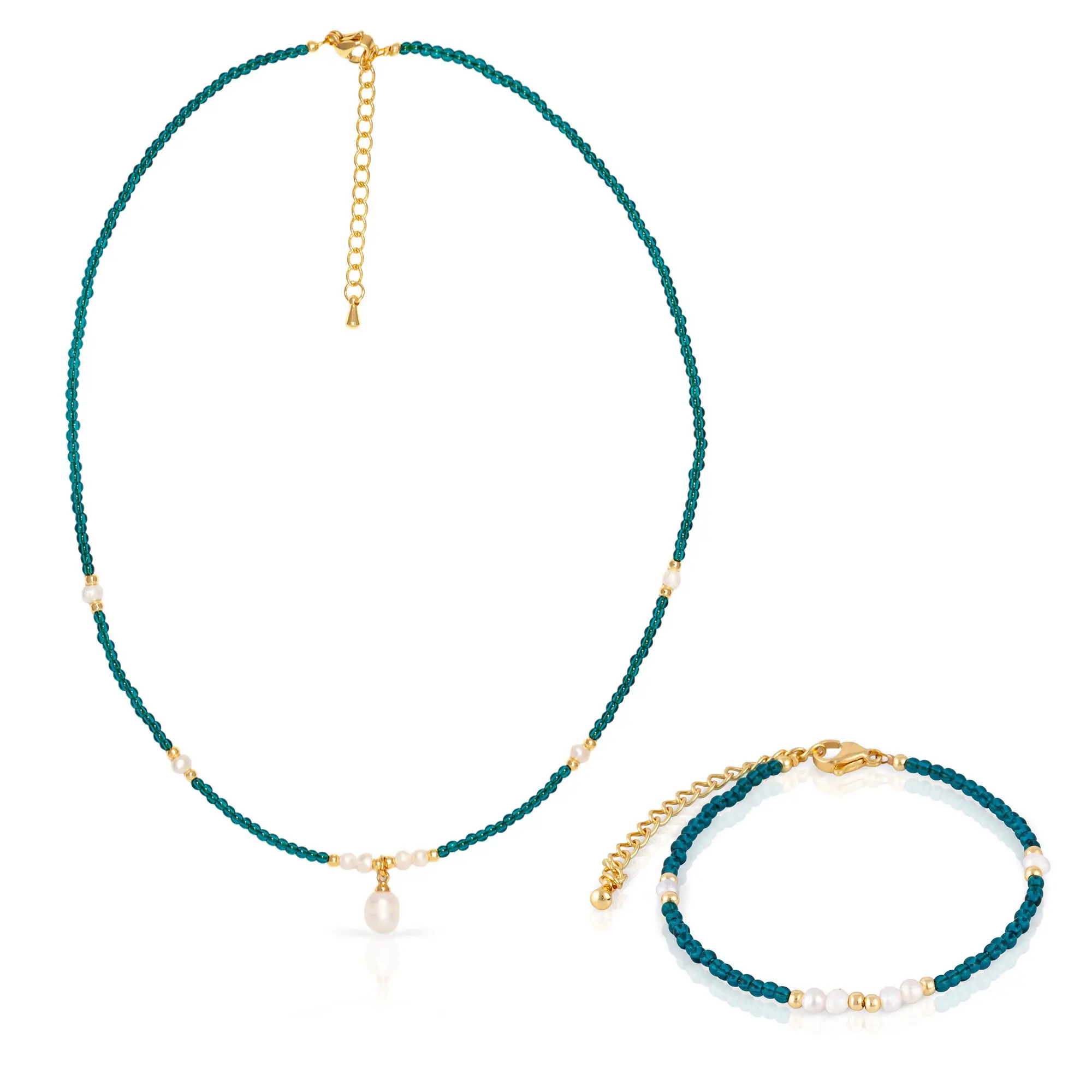Ensemble bracelet et collier assortis, en phosphate bleu et perles naturelles, avec fermoir mousqueton. Couleur : Multicolore