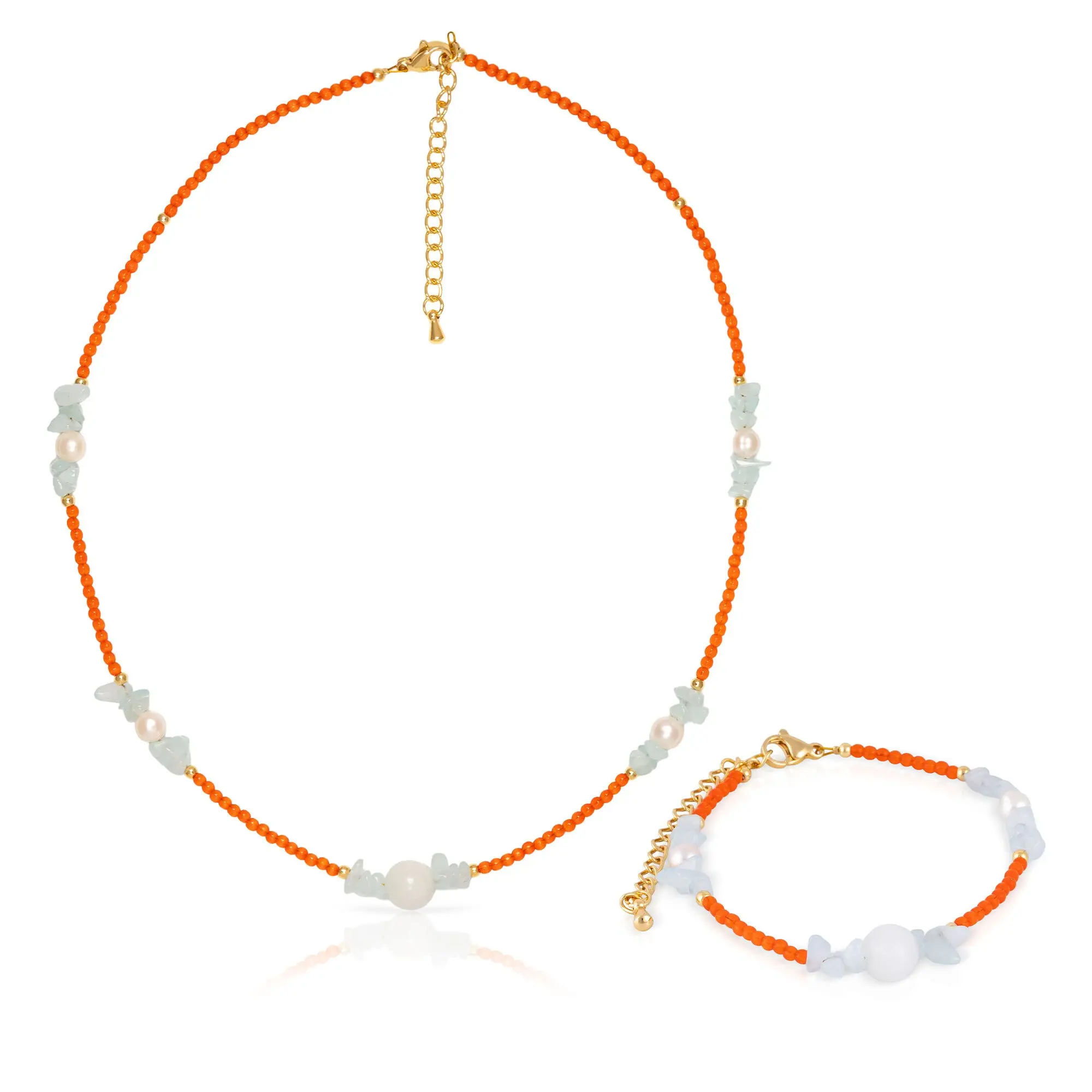 Ensemble bracelet et collier assortis, composé d'œil-de-chat orange, de lapis-lazuli clair, de marbre blanc et de perles naturelles, avec un fermoir mousqueton. Couleur : Multicolore