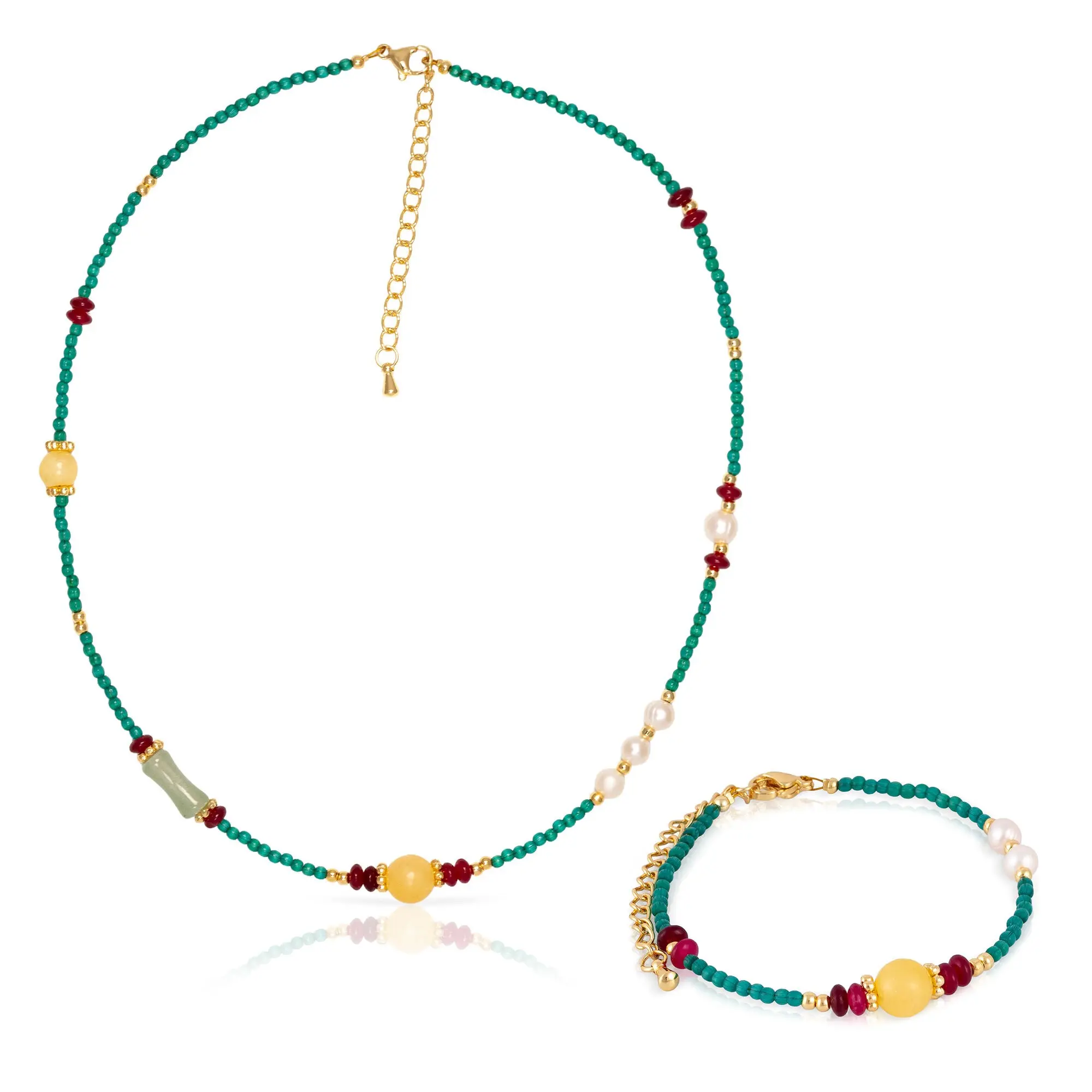 Ensemble bracelet et collier assortis, composé d'œil-de-chat, de lapis-lazuli, d'ambre et de perles naturelles, avec un fermoir mousqueton. Couleur : Multicolore