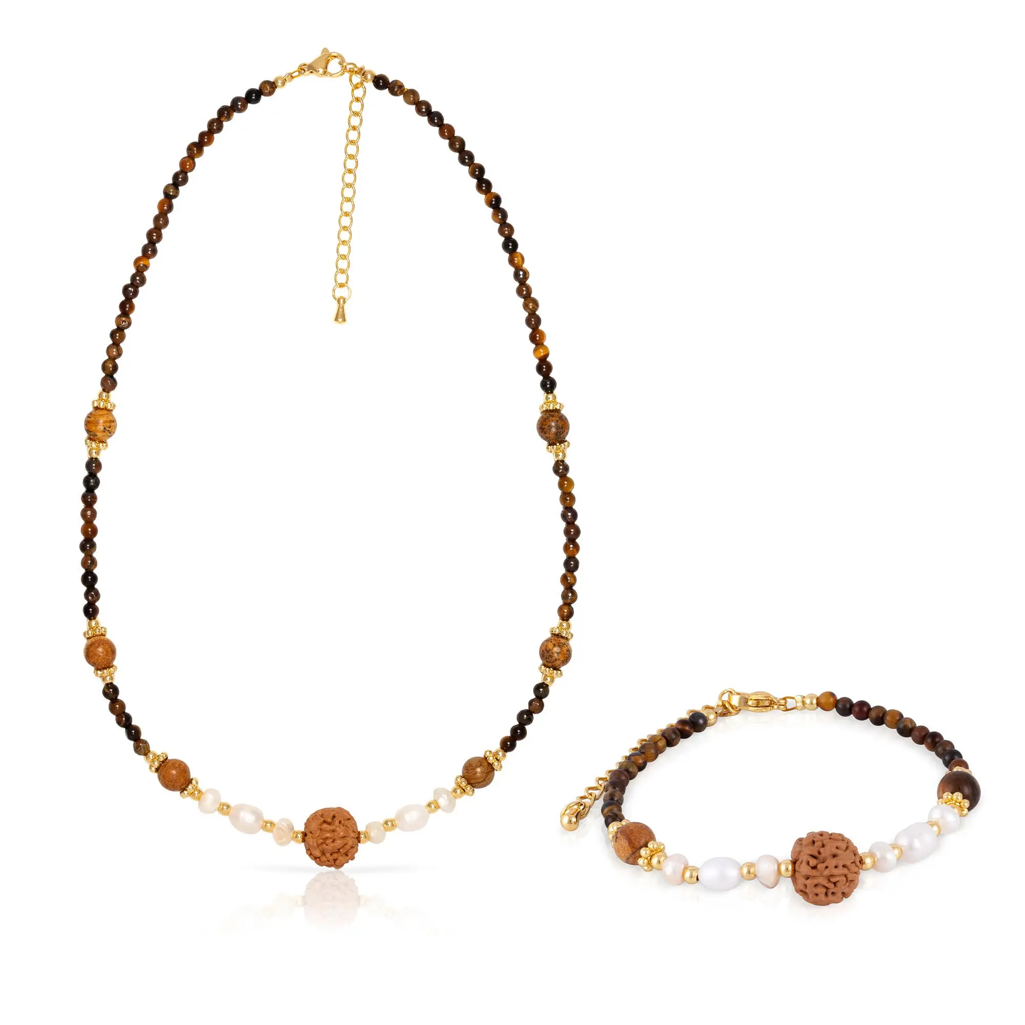 Ensemble bracelet et collier assortis, composé de perles œil-de-tigre, de perles naturelles et de perles de rocaille de Bouddha, avec un fermoir mousqueton. Couleur : Multicolore