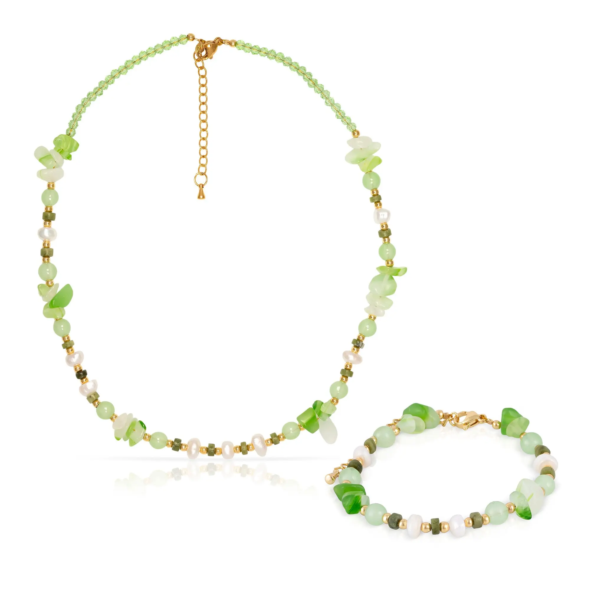 Ensemble bracelet et collier assortis. Bracelet en agate verte et perles naturelles, avec fermoir mousqueton. Couleur : Multicolore