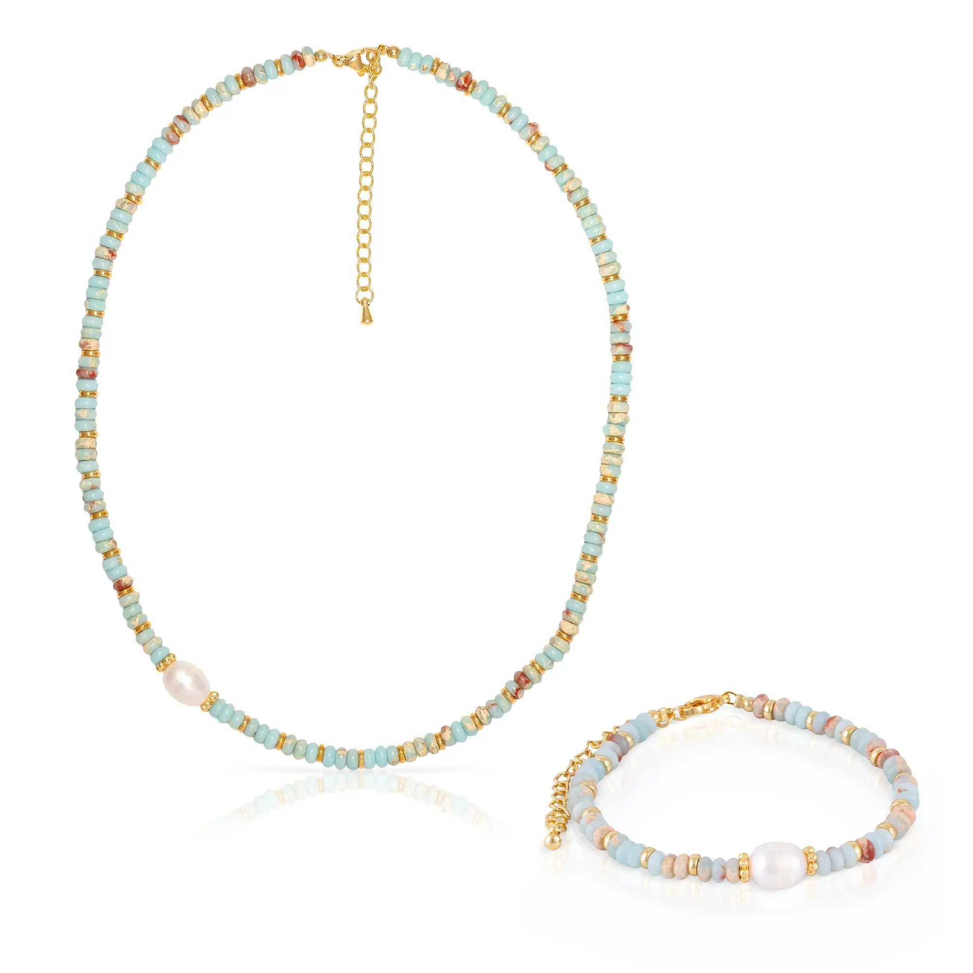 Ensemble bracelet et collier assortis, composés de pierres Shou Shan, de perles blanches naturelles et d'un fermoir mousqueton. Couleur : Multicolore