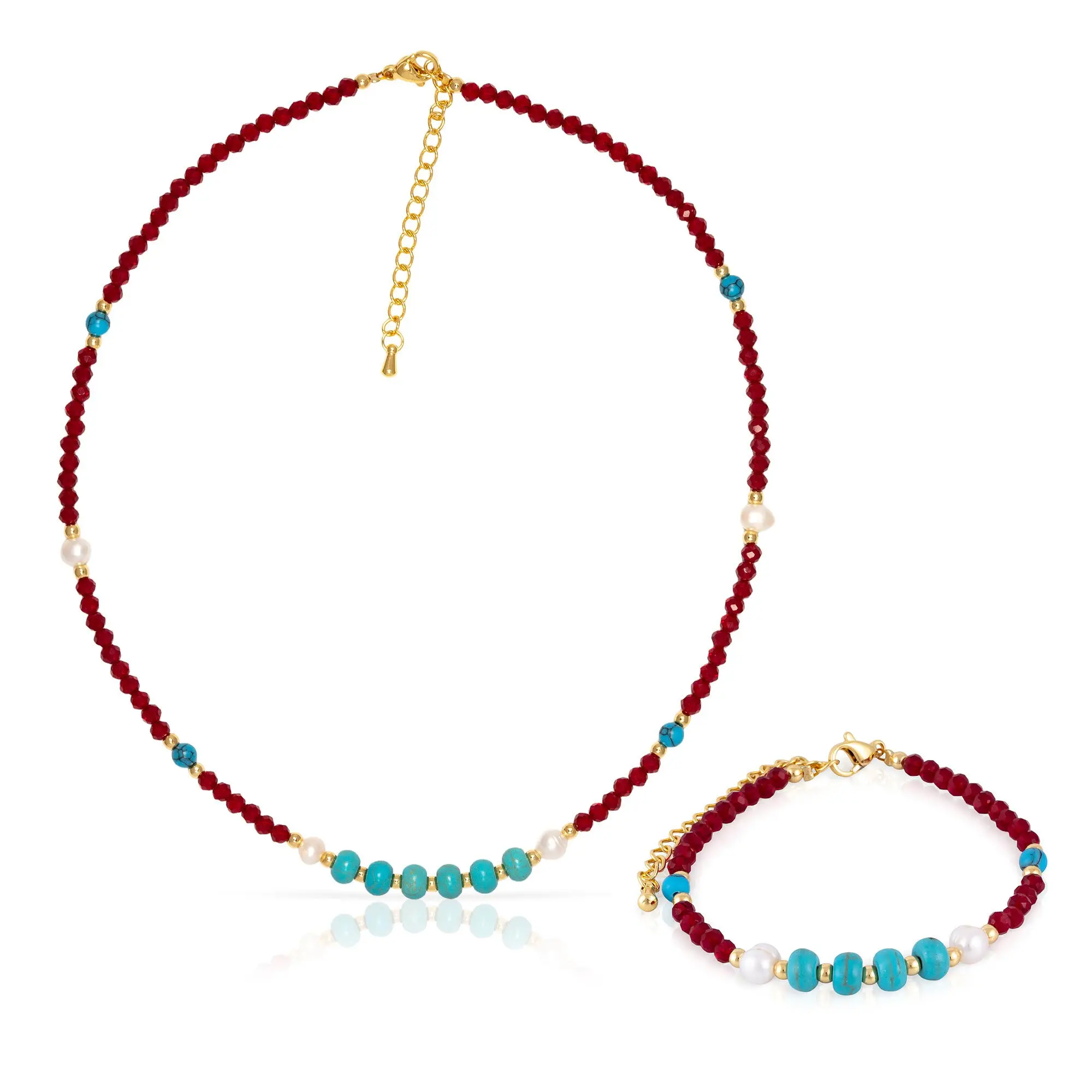Ensemble bracelet et collier assortis, en turquoise, cristal et perles naturelles, avec fermoir mousqueton. Couleur : Multicolore