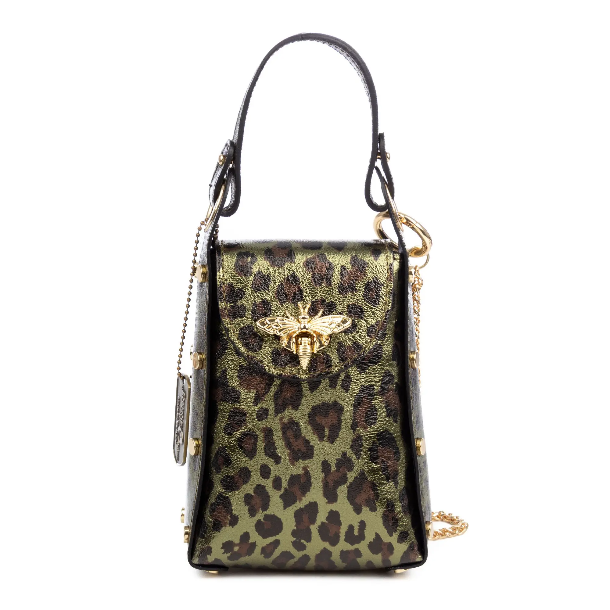 Sac à main femme Alviano. Cuir suédé véritable avec un imprimé animal léopard laqué brillant.