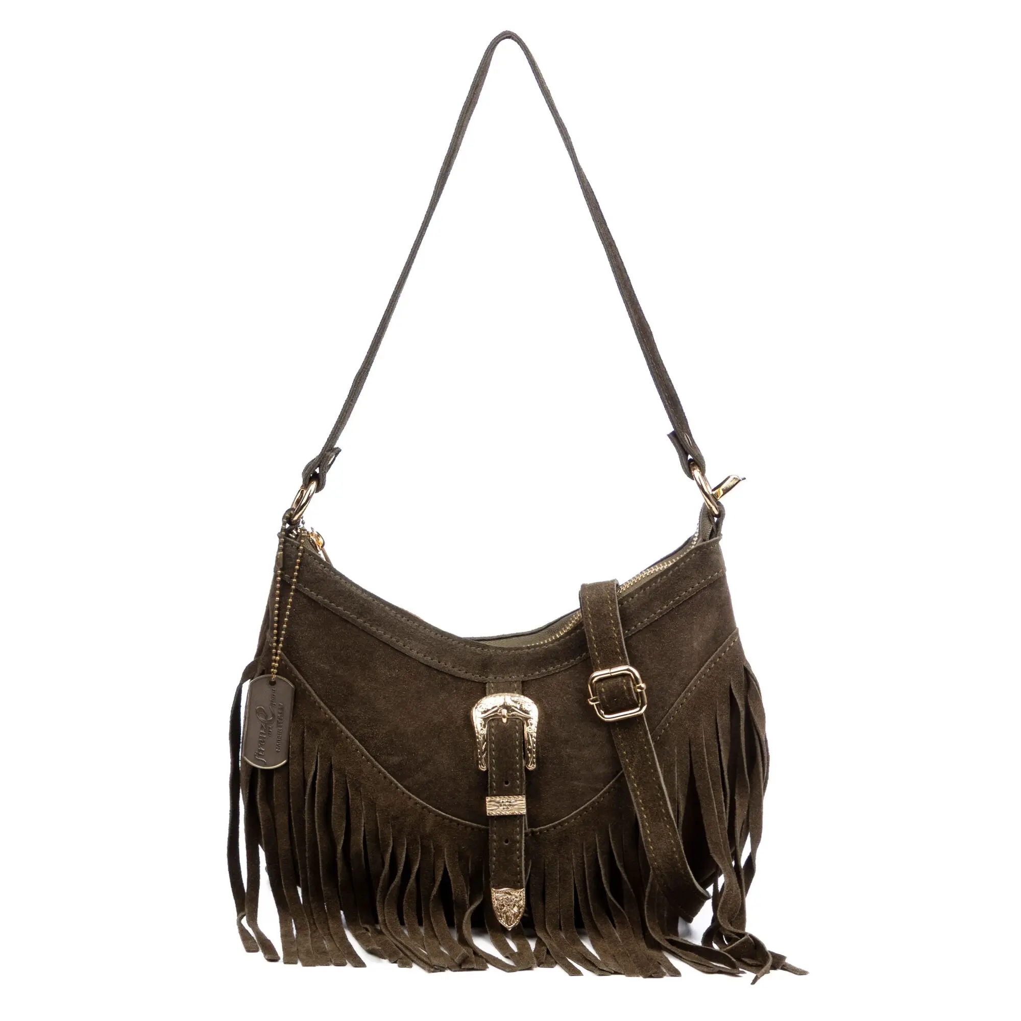Sac bandoulière Barlassina pour femme. En cuir suédé véritable, avec franges.