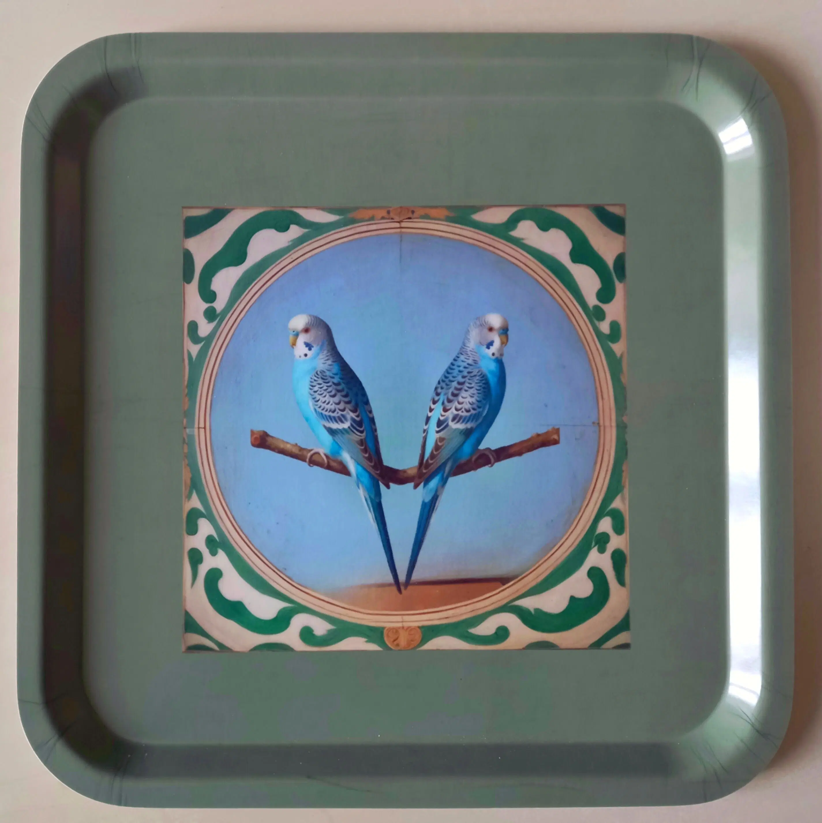 Square green tray, the Parakeets