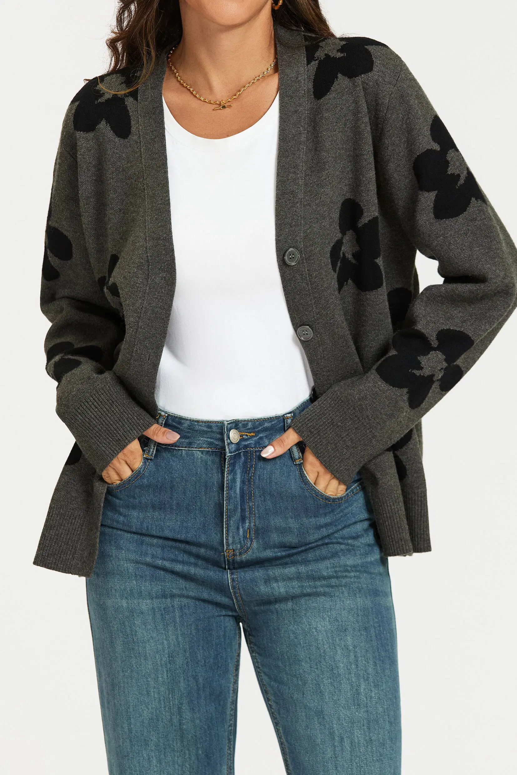 Grey cardigan with floral pattern
