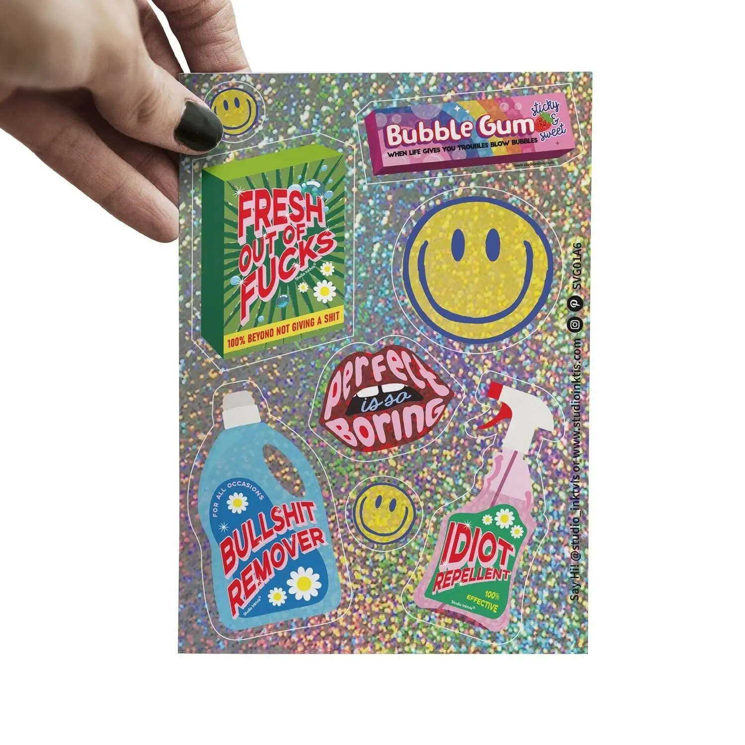Glitter sticker sheet Smiley Bullshit remover and Sarcastische Statements