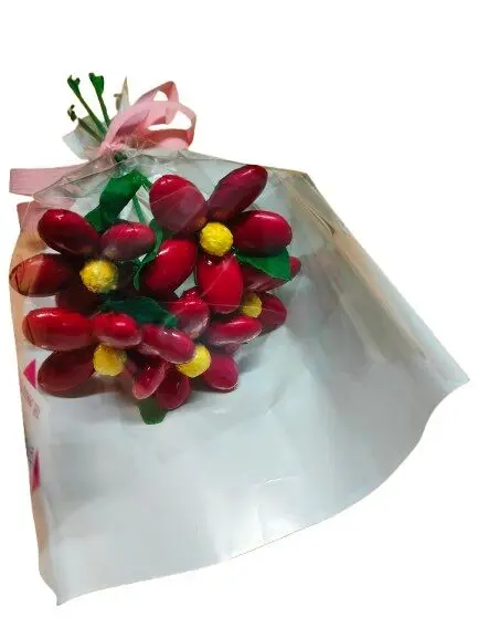 Mini bouquet of 5 red daisies and chocolate dragees