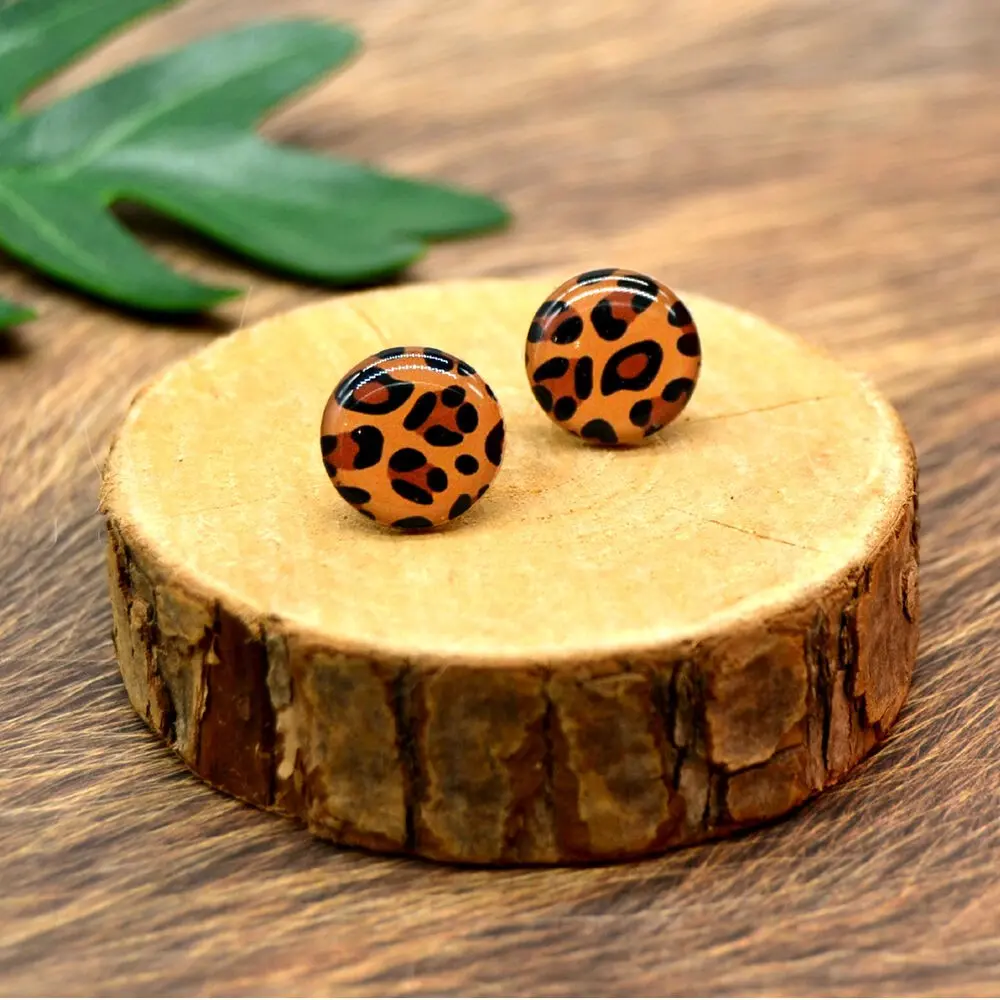 Leopard Stud Earrings – Glossy Resin Finish & Wooden Setting