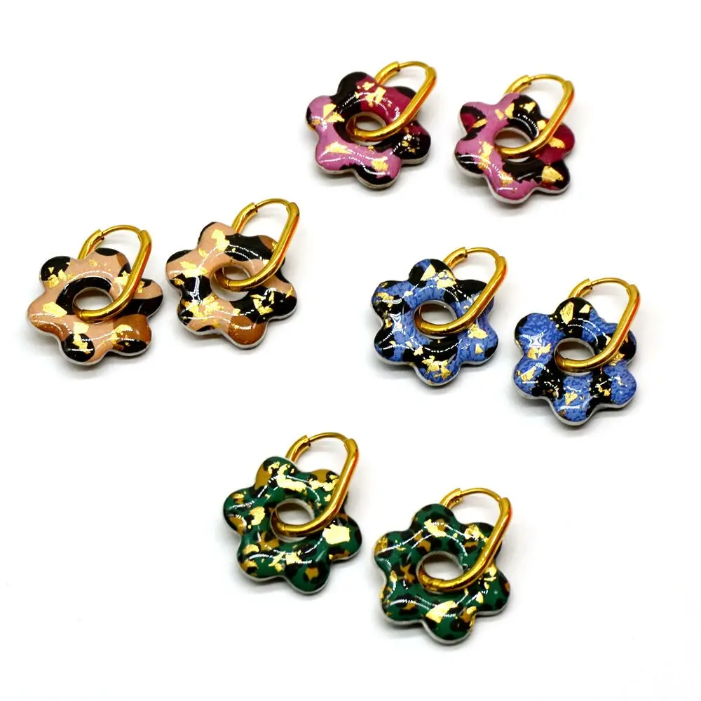 Resin Flower Hoop Earrings – Leopard & Gold Leaf Pattern – Gold Plated Stainless Steel