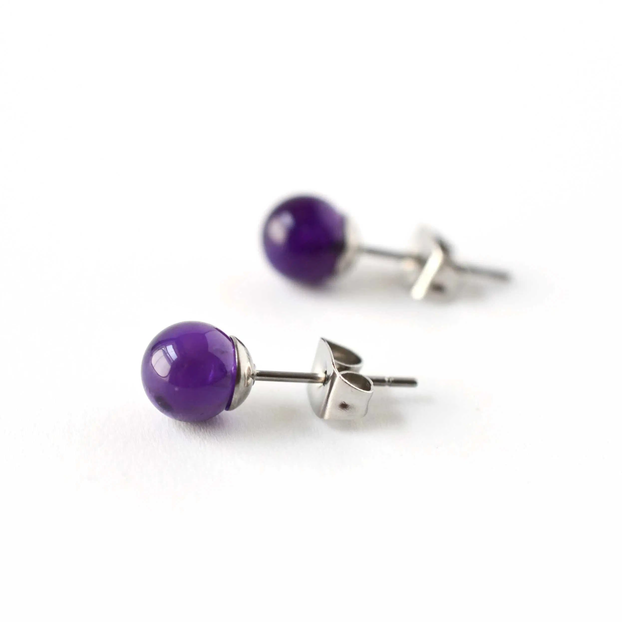 6mm Amethyst Stud Earrings, Hypoallergenic Surgical Steel Gemstone Studs