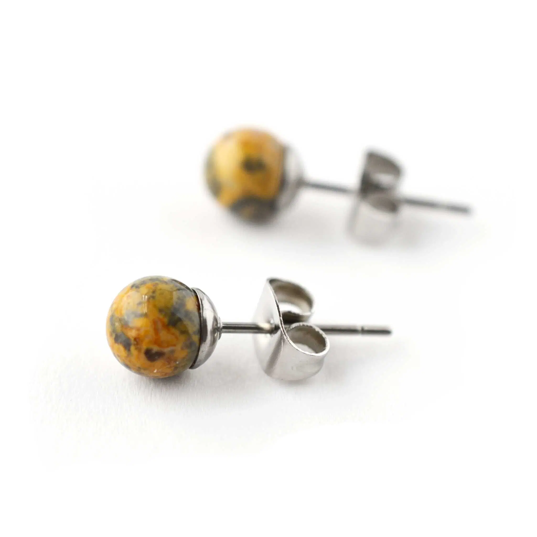 6mm Leopardskin Jasper Stud Earrings, Hypoallergenic Surgical Steel Gemstone Studs