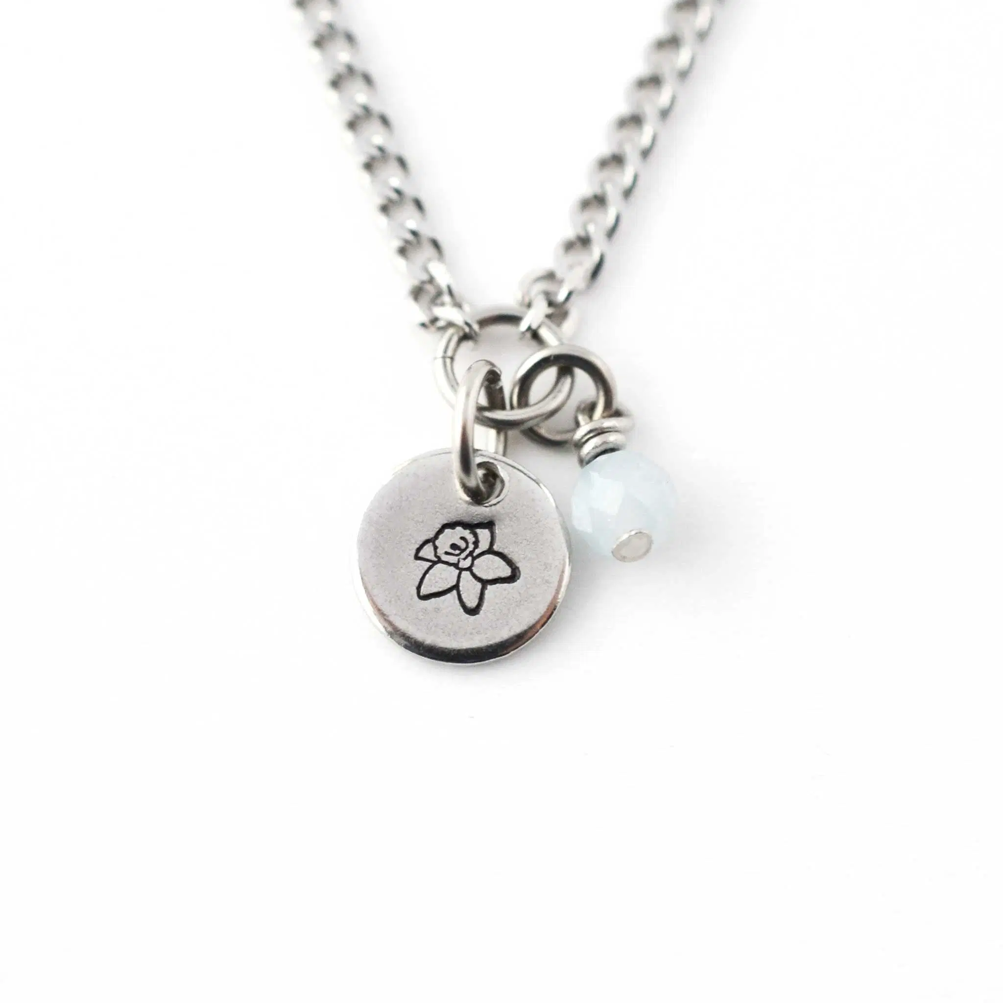 March Birthflower & Birthstone Necklace, Daffodil & Aquamarine, Handmade Personalised Jewellery