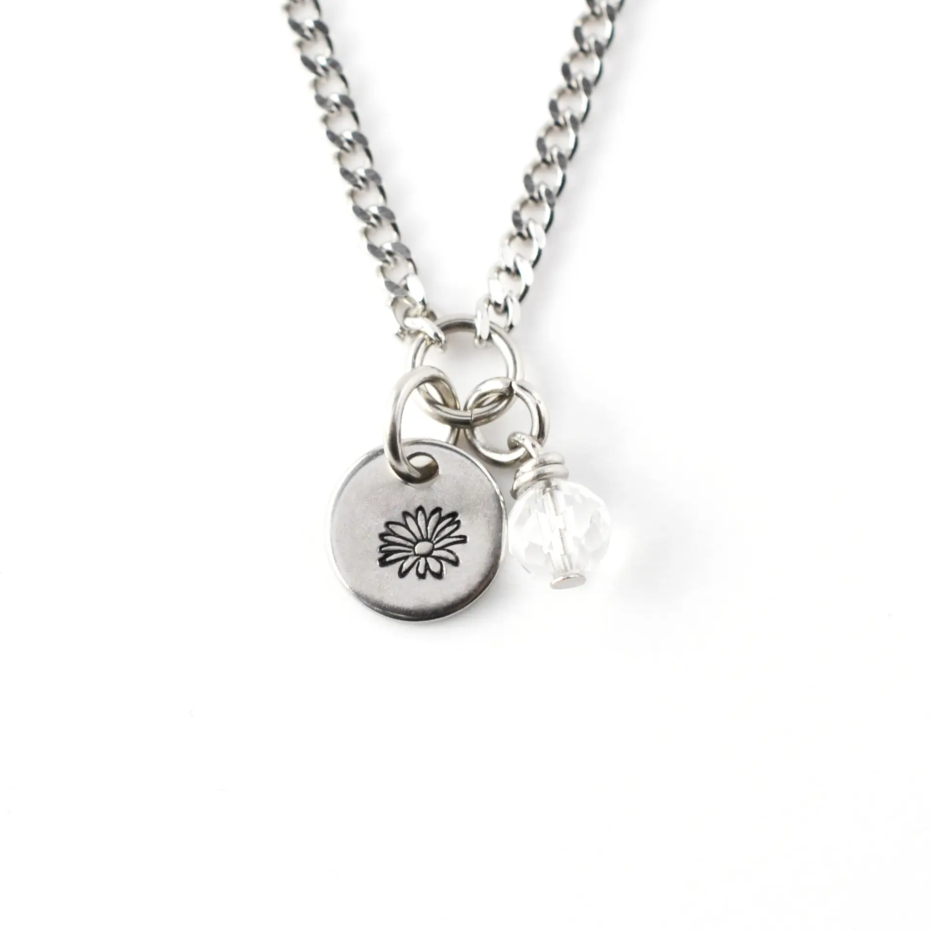 April Birthflower & Birthstone Necklace, Daisy & Clear Quartz, Handmade Personalised Jewellery