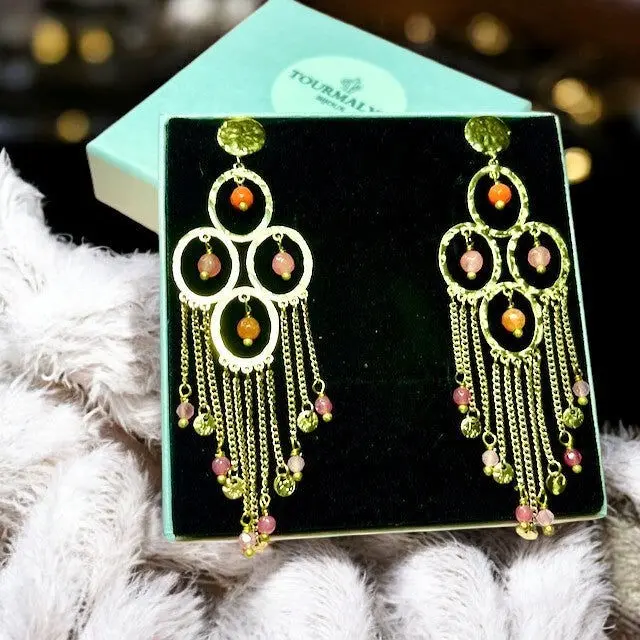 "FASCINANTE" earrings in gold-plated stainless steel - orange-pink agate