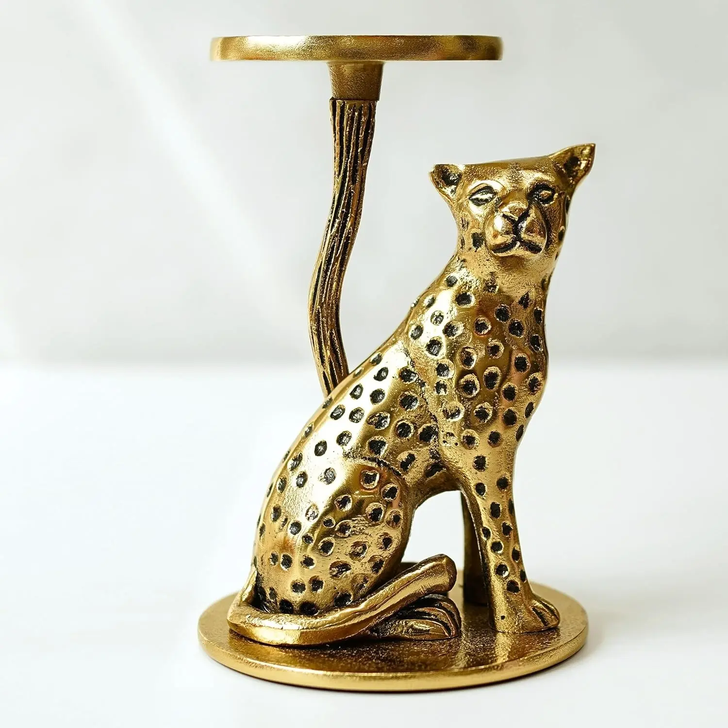 Artistic Aluminum Brass Finish Jaguar Pillar Candle Holder Statue | Tabletop Home Decor, Good Luck Gift