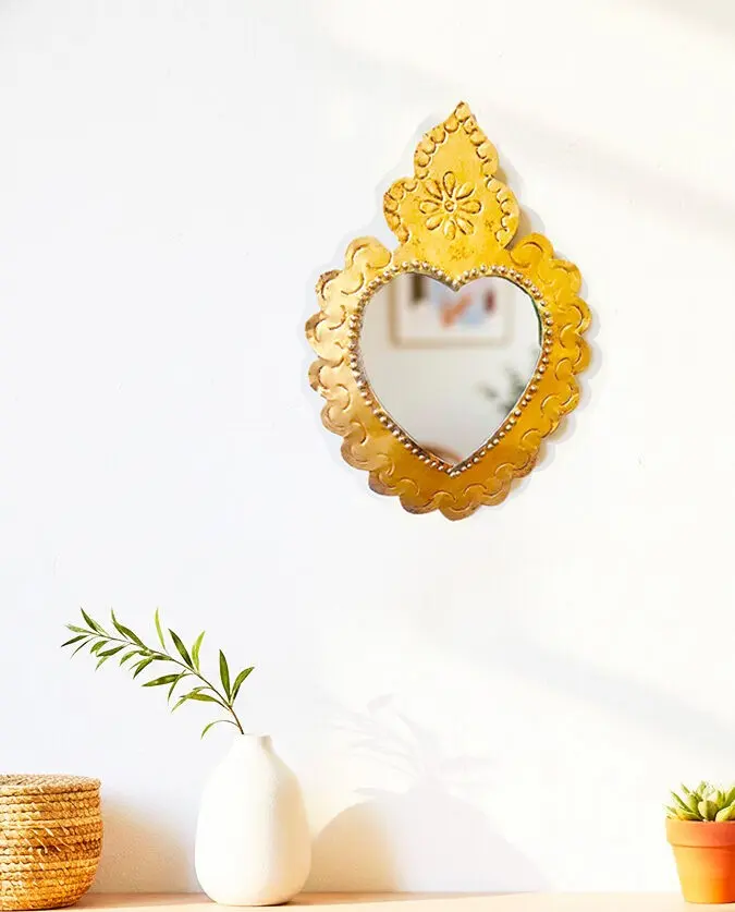 Miroir cœur fleur doré
