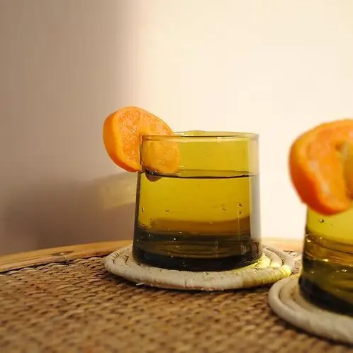 Recycled Glass Moroccan Tumblers Amber - Set of 2 Hand-Blown Cocktail Glasses