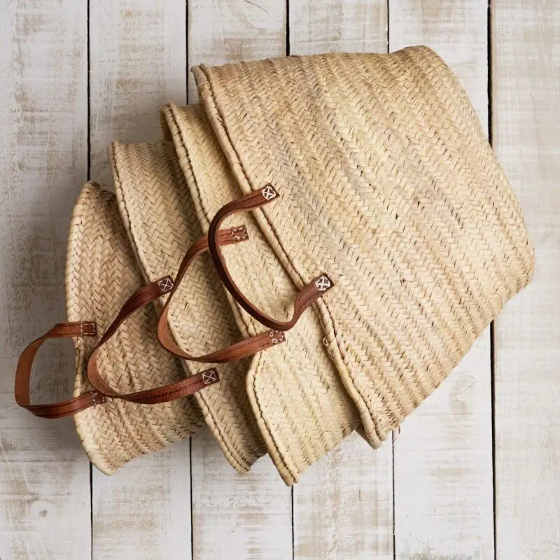 French Market Baskets - Classic Shopper 4 Sizes - Handmade Moroccan Basket Leather Handles