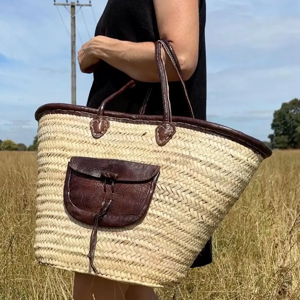 French Market Basket Leather 52cm - Handmade Moroccan Basket Round Leather Handle Pocket
