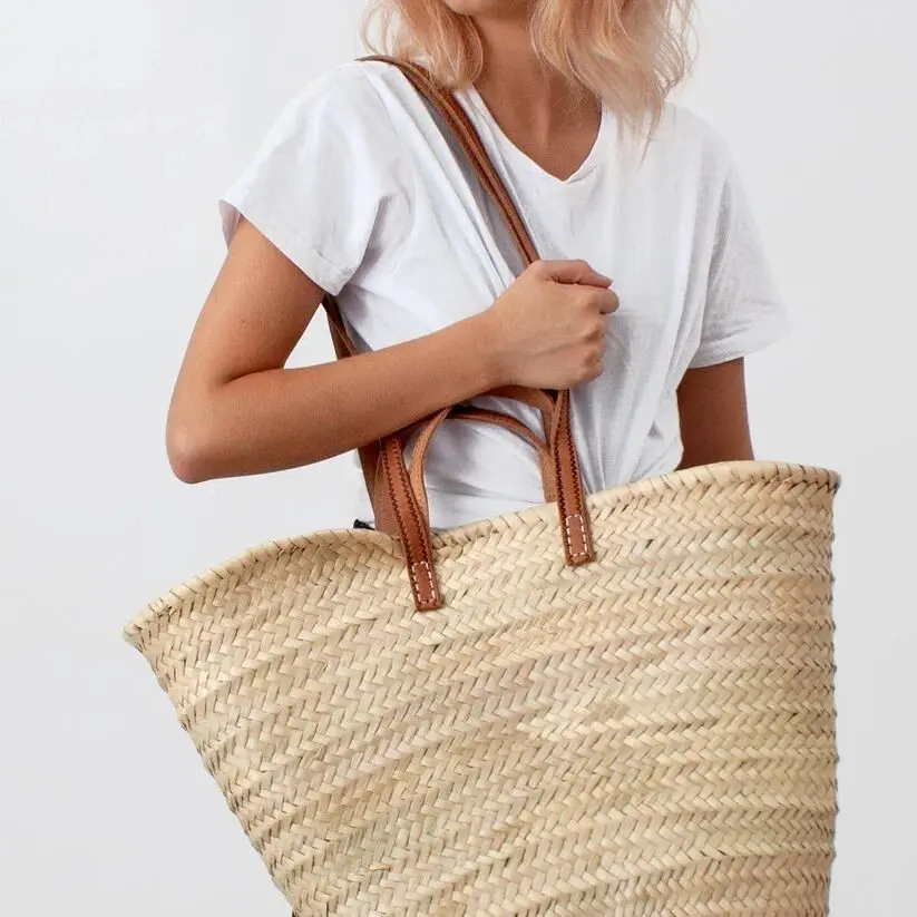 Parisienne Basket Double Handle - Handmade Moroccan Palm Leaf Market Basket Embossed Leather