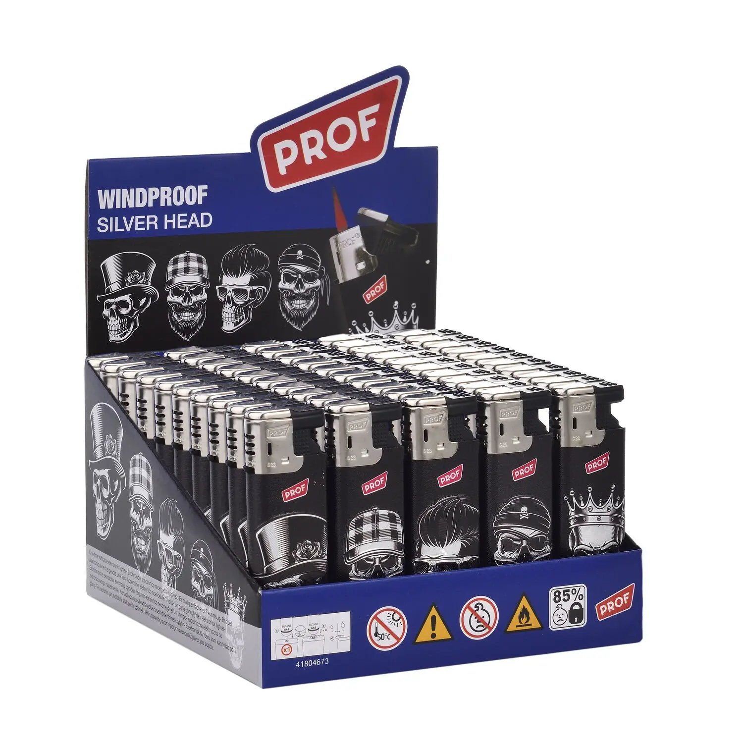Display stand of 50 Turboflame Skull Lighters