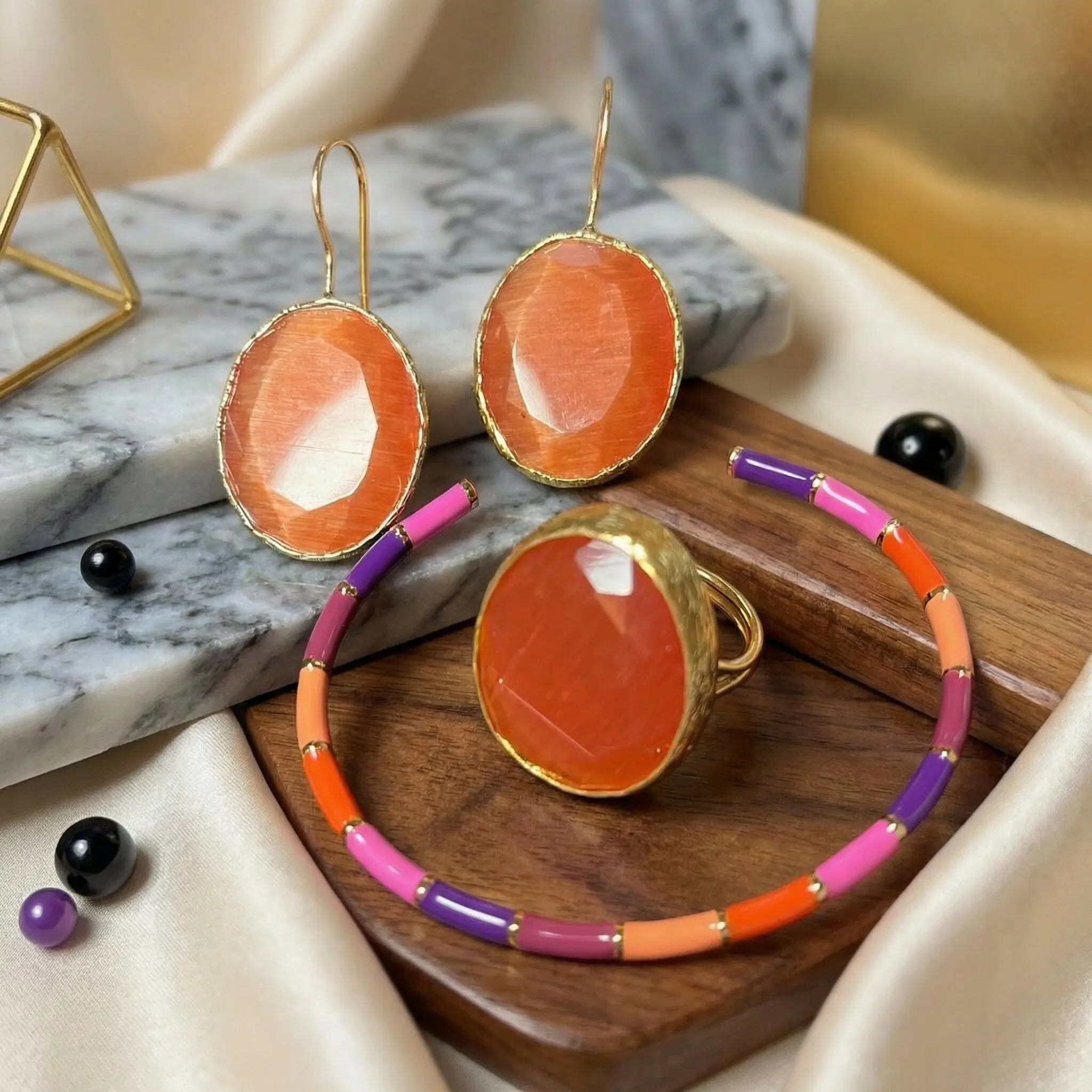 Jewelry set - earrings and ring with orange agate stone in fine gold plating and steel bracelet