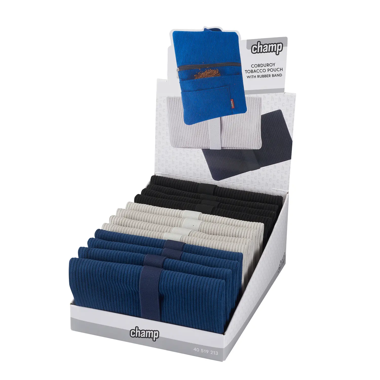 Corduroy tobacco pouch with elastic band and compartment for rolling papers