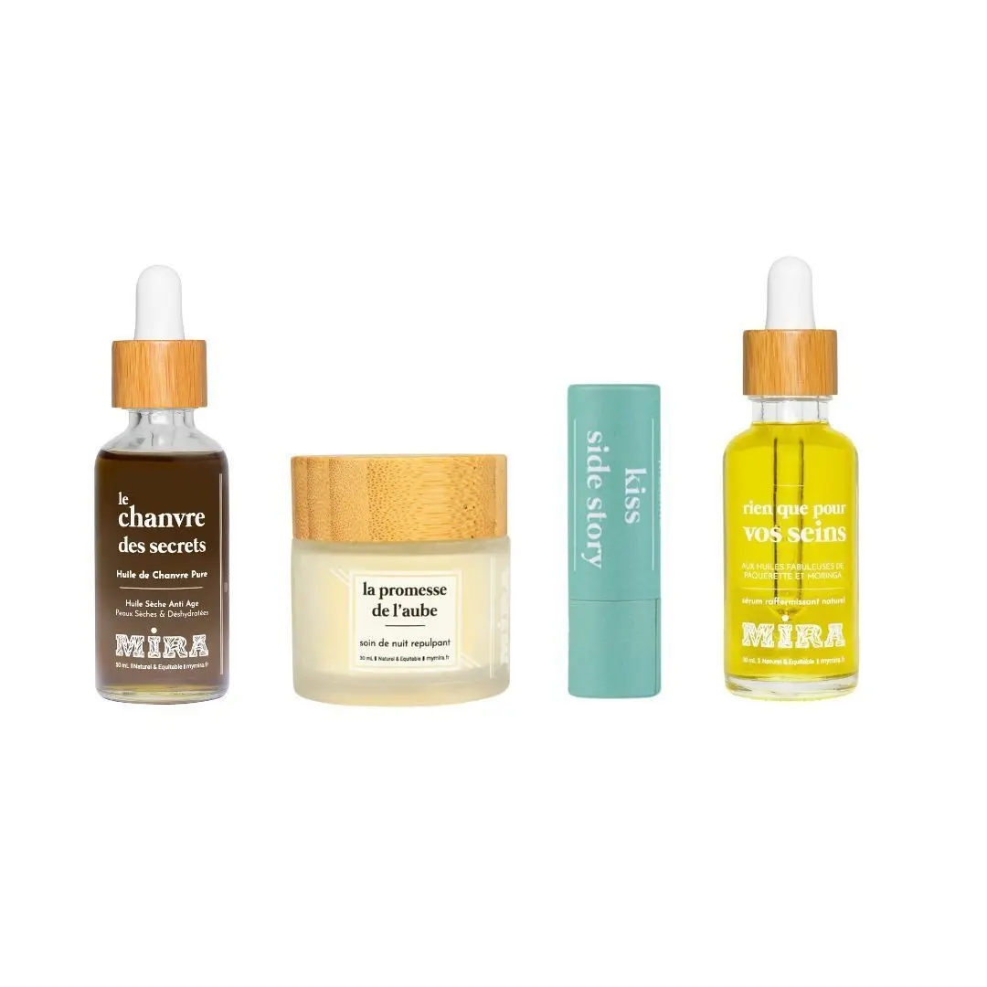 Cosmétiques - soins - Coffret best seller - A star is born - Huiles pures et soins de la peau - huile de chanvre pure - baume à lèvres - baume de nuit repulpant - sérum raffermissant pour la poitrine