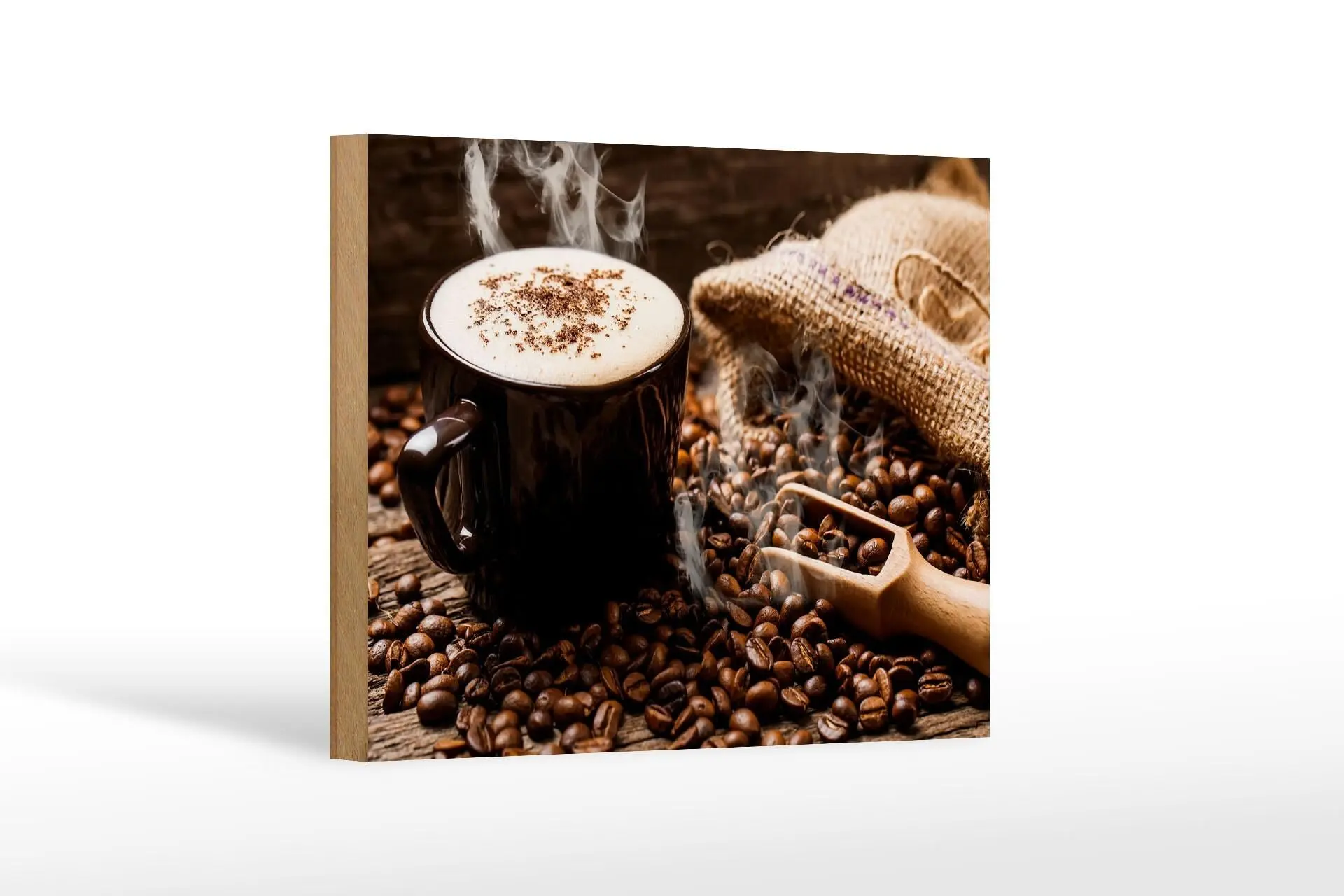 Wooden sign "Drinking" 12x18 cm, steaming coffee and coffee beans, decorative sign