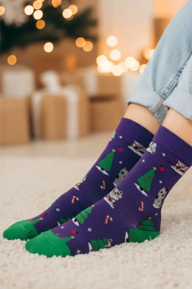 PRETTY purple merino wool socks with cats
