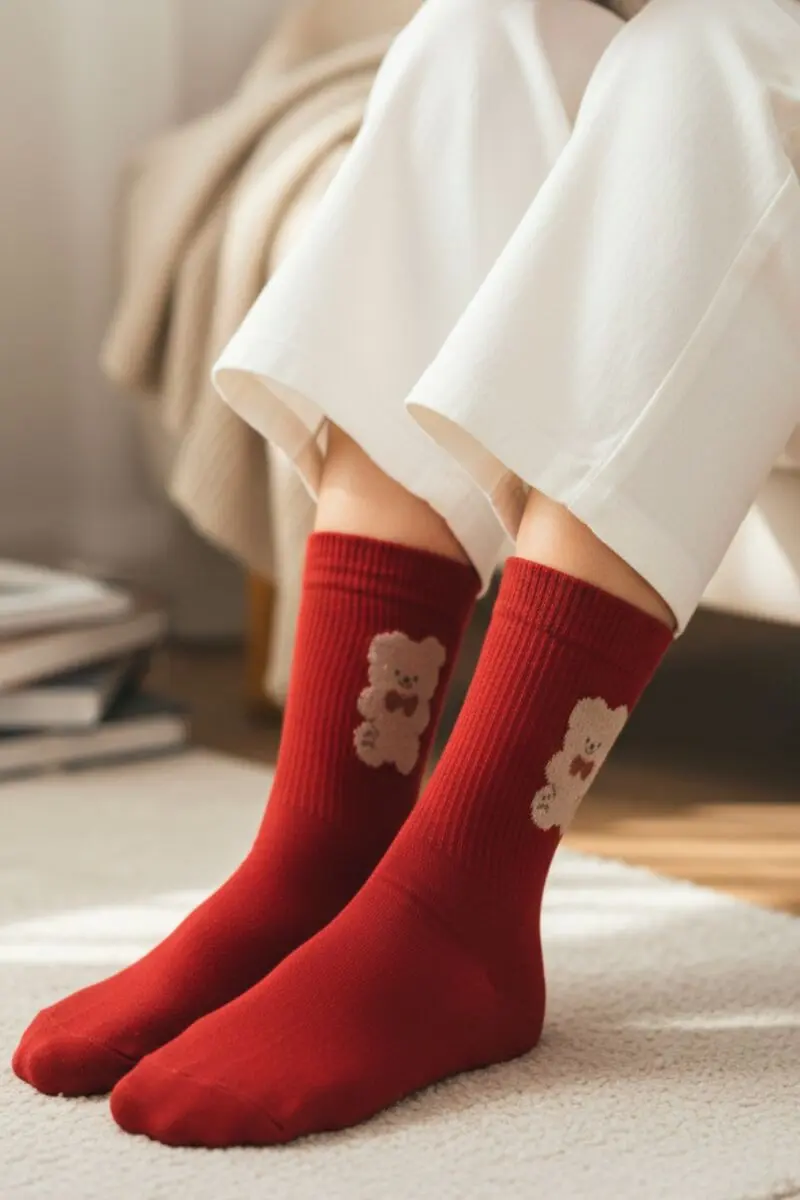 LUANA red cotton socks with a bear