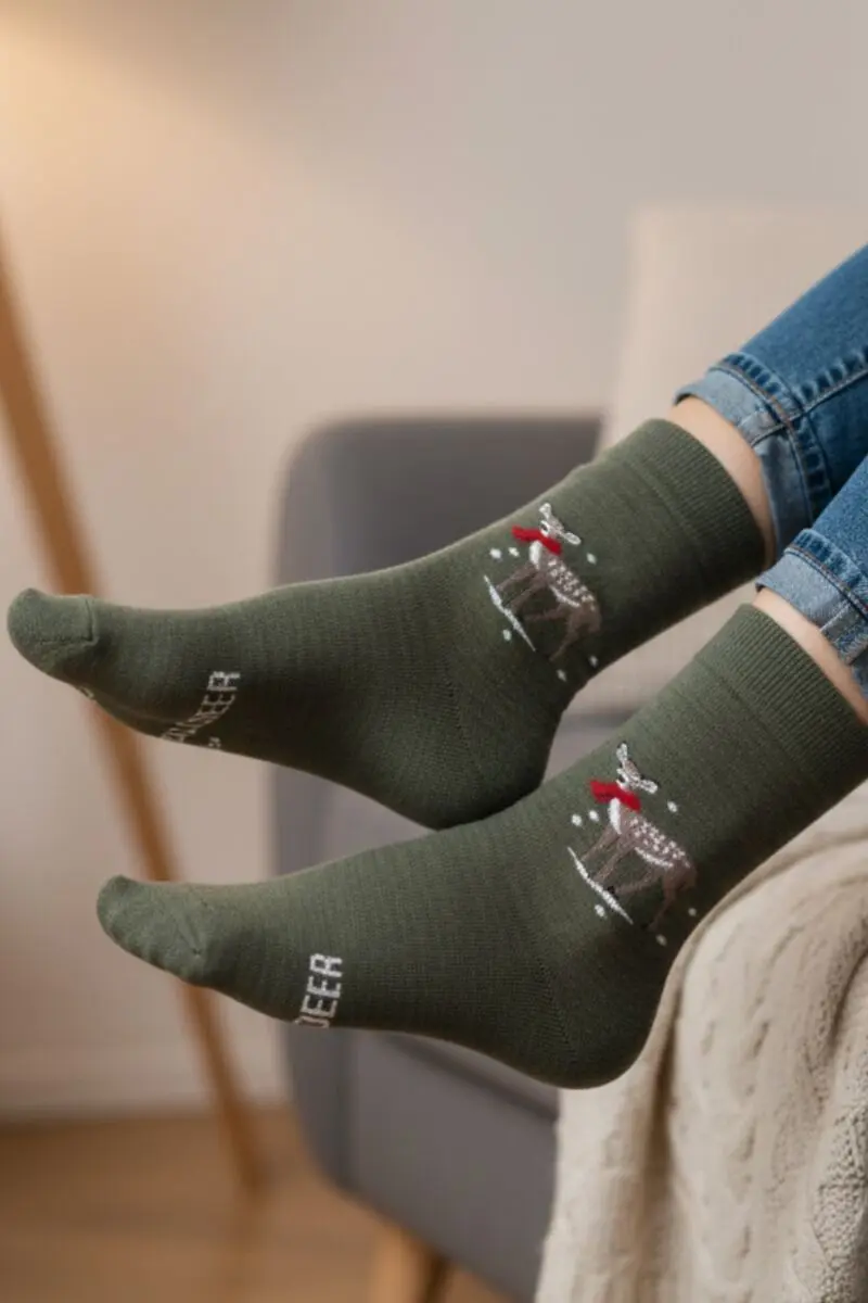 OH DEER green merino wool socks with a message