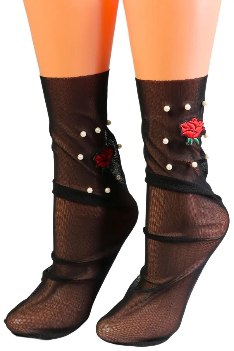 VALERIA black sheer socks with roses and pearls