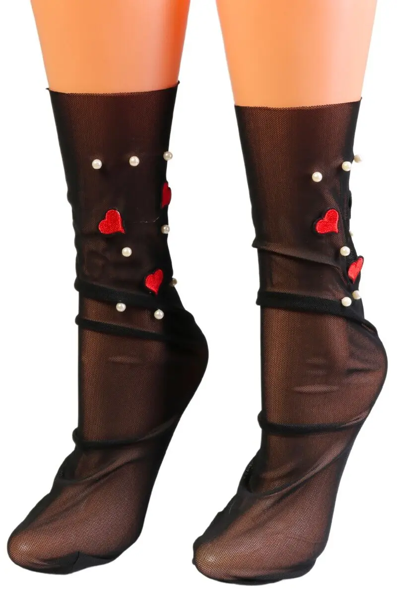 VALERIA black socks with hearts and pearls