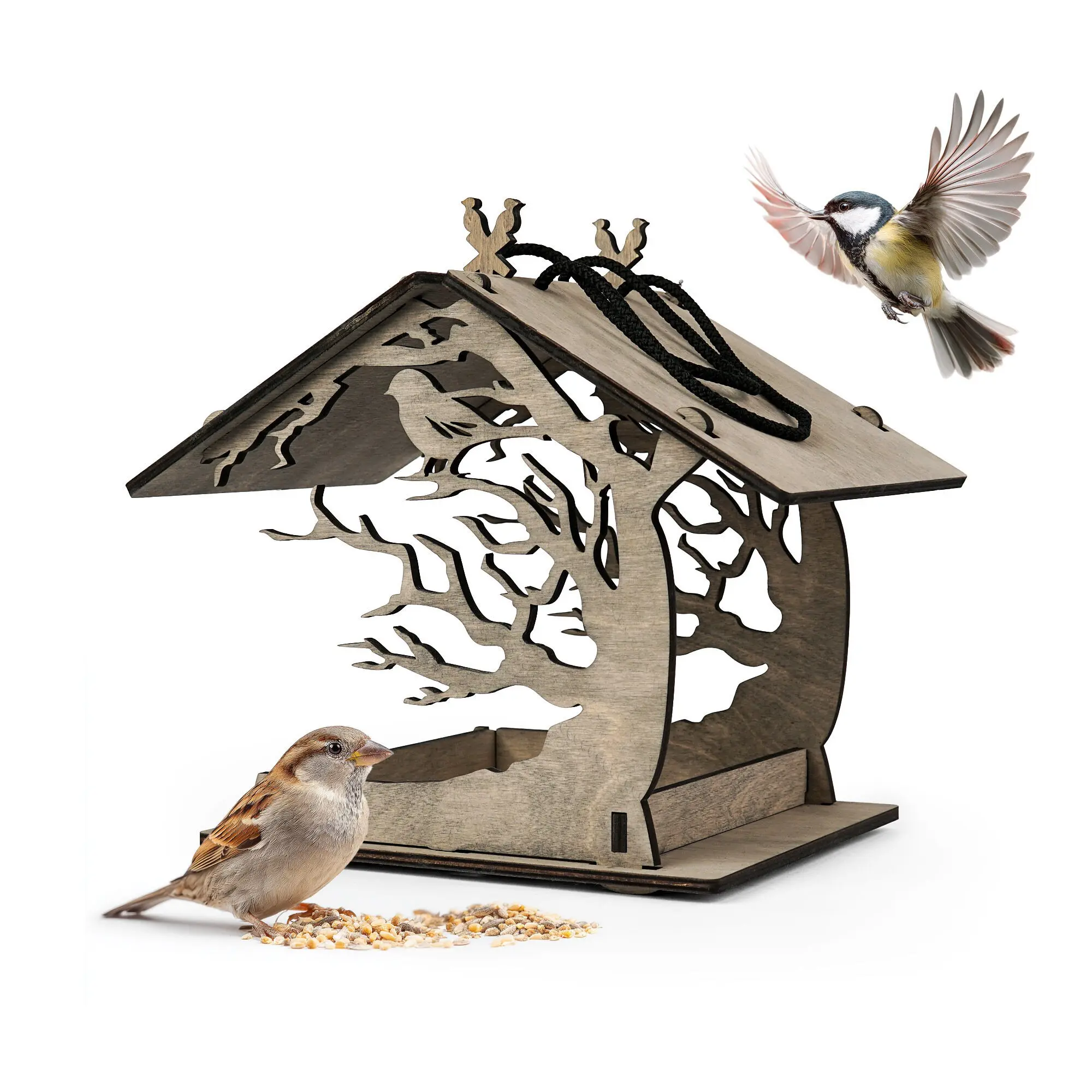 Mangeoire suspendue en bois, mangeoire extérieure pour petits oiseaux de jardin